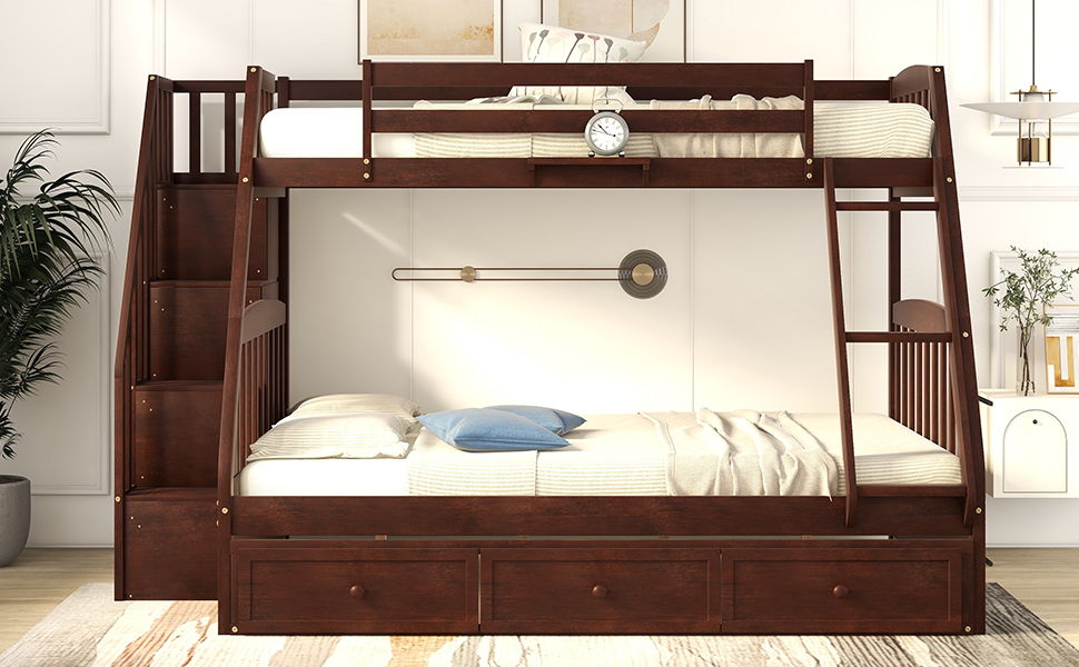 Twin Over Full Bunk Bed With Drawers, Ladder And Storage Staircase - Espresso