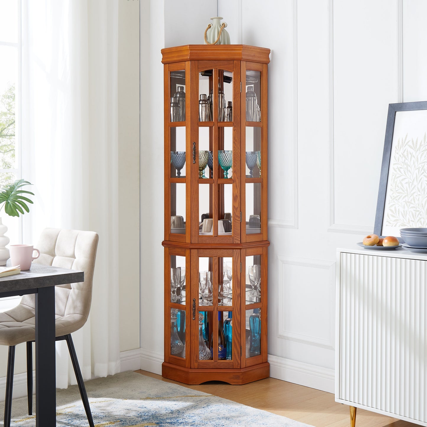 Corner Curio Cabinet With 5 Shelves And Lighting System (E26 Light Bulb Not Included) - Oak