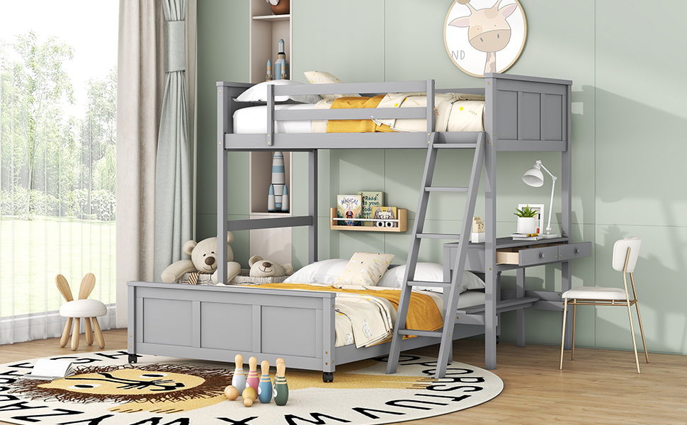 Twin Over Full Bunk Bed With Desk - Gray