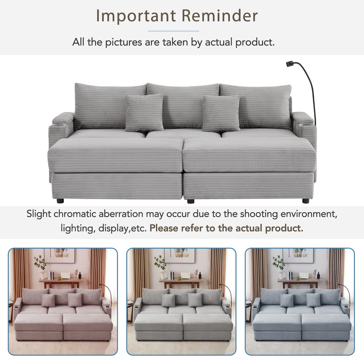 Modern Style 3 - Seater Sofa Sectional Sofa Couch With Storage Space, Two Movable Ottomans, Two USB Ports, Two Cup Holders, A Phone Holder For Living Room - Gray