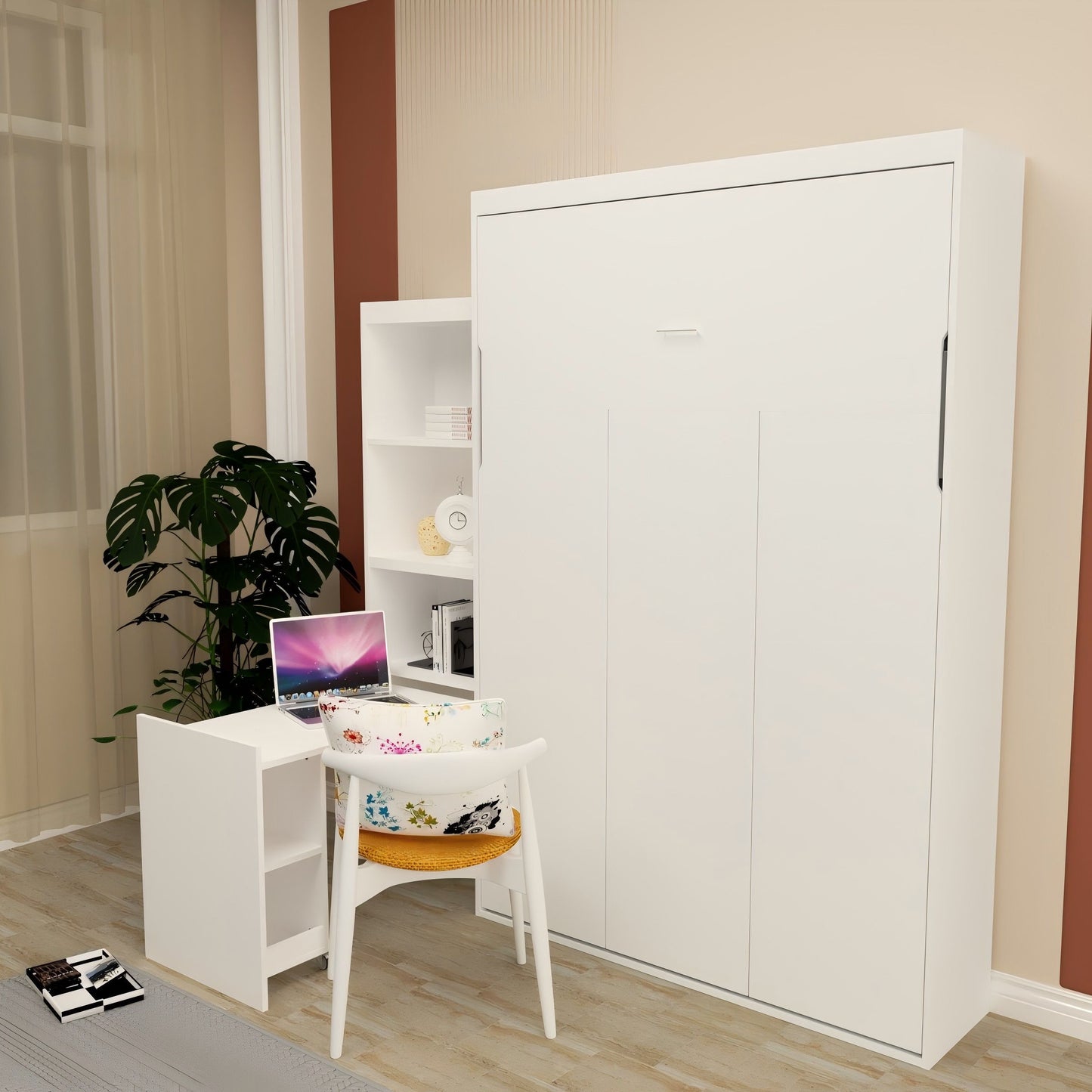 Queen Size Morden Deisgn Big Size Vertical Murphy Bed With Table And Shelf For Bedroom Or Guestroom Wall Bed Space Saving Hidden Bed With New Style Gas Struts - White