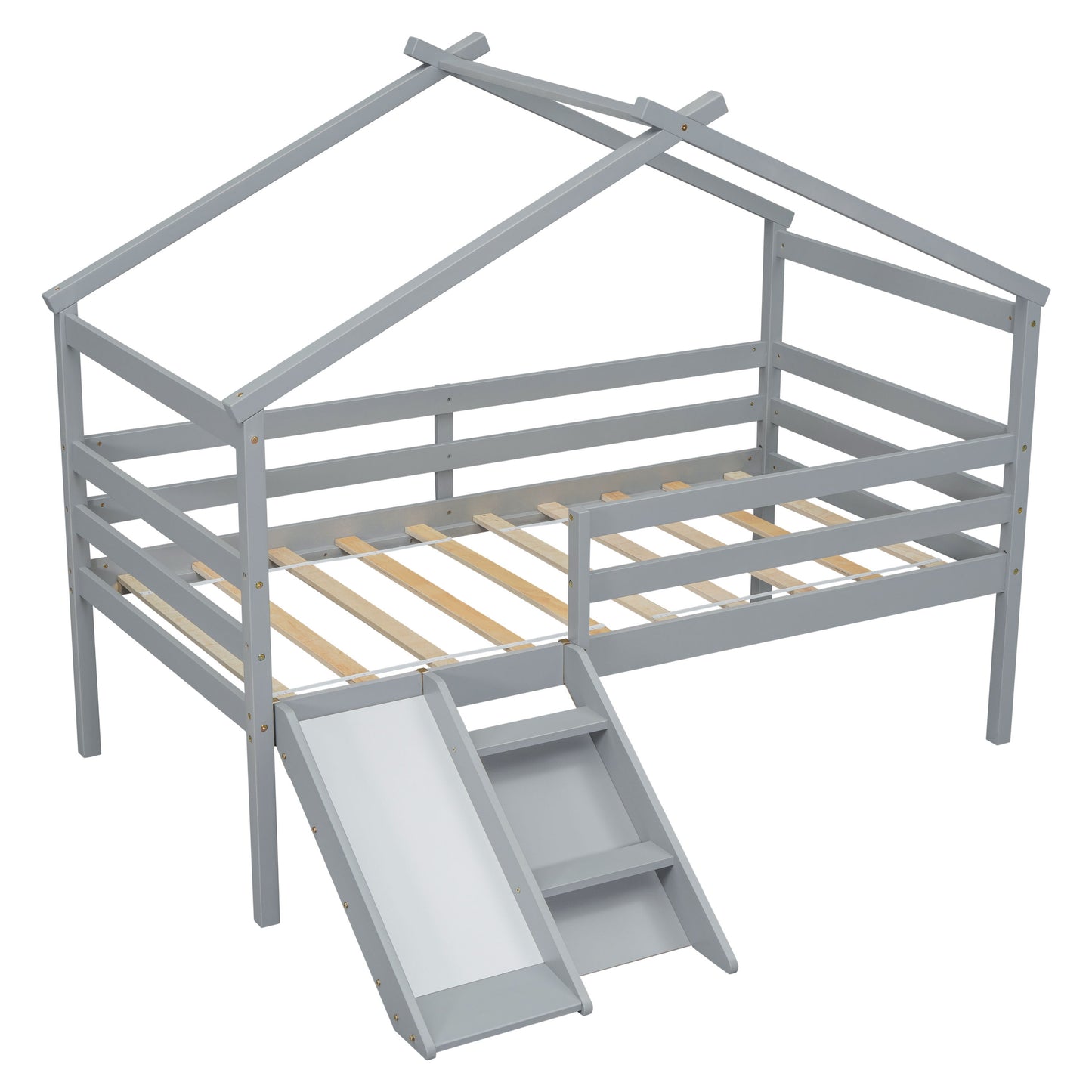 Twin Low Loft House Bed With Slide, Ladder, Safety Guardrails, House Roof Frame - Gray