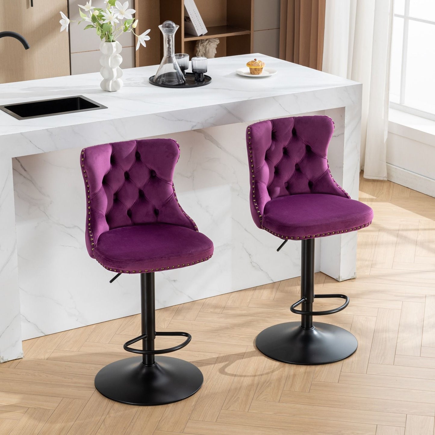 Swivel Velvet Barstools Adjusatble Seat Height , Modern Upholstered Bar Stools With Backs Comfortable Tufted For Home Pub And Kitchen Island (Set of 2) - Purple