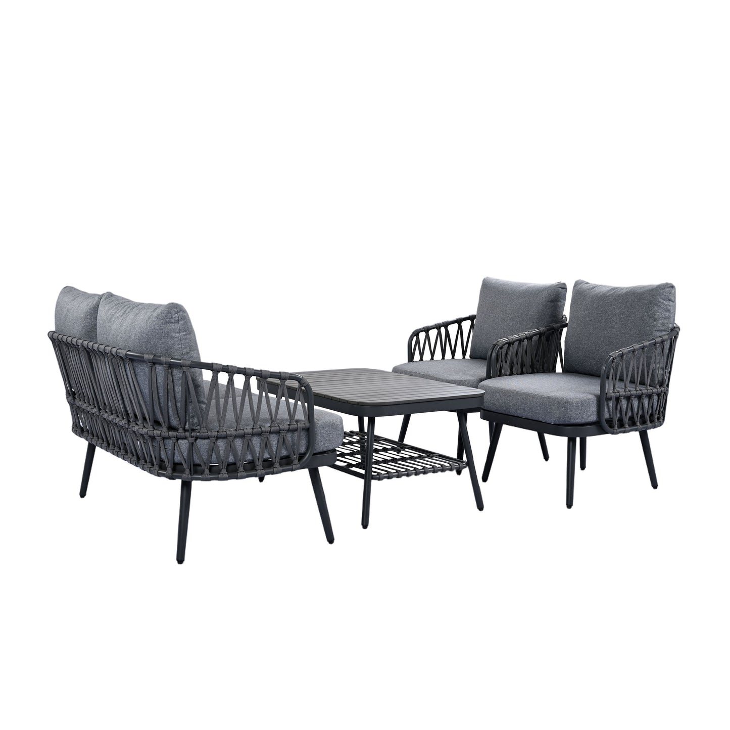 4 Piece Outdoor Patio Furniture Set, Metal Chairs With Woven Rope U Shaped Backrest, Outdoor Conversation Set With Thick Cushions And Coffee Table For Garden, Poolside, Balcony - Black / Gray