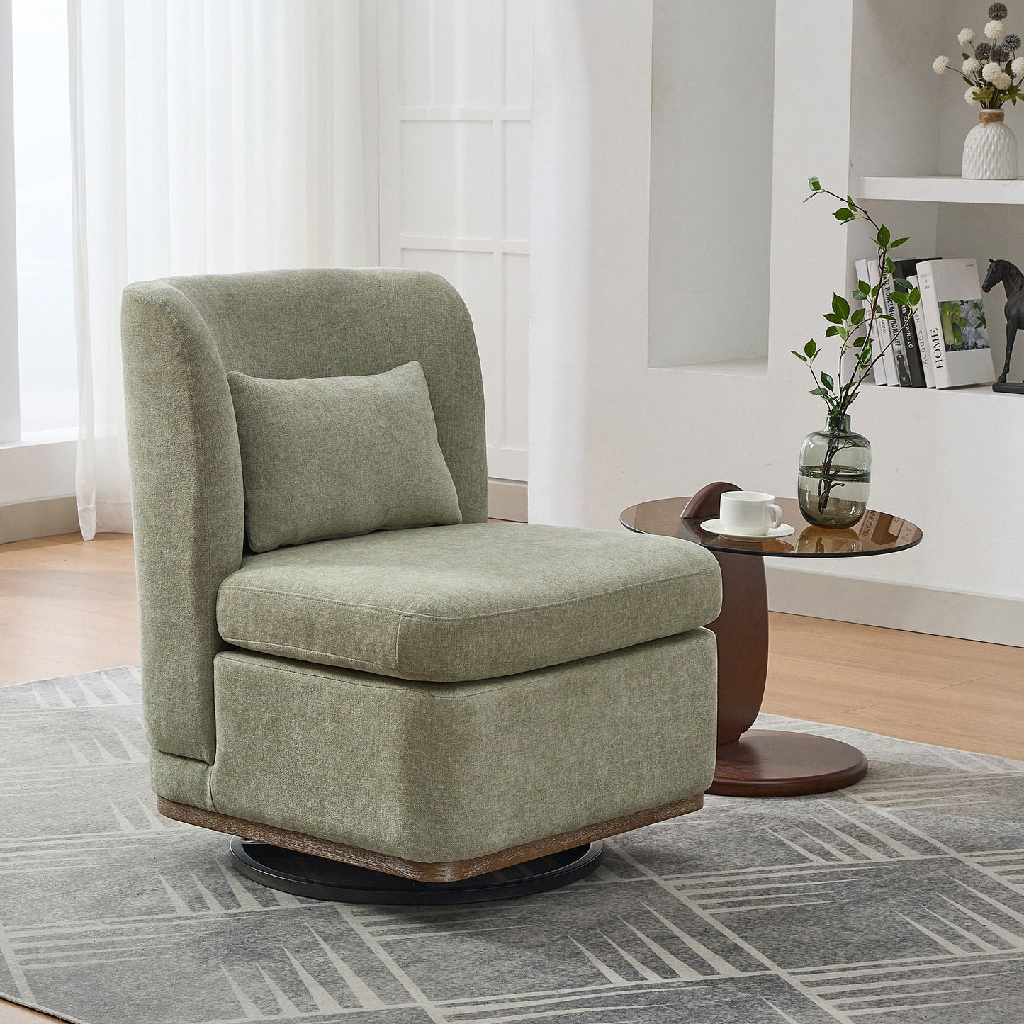Modern Cushioned Armless Metal Base 360 Degree Swivel Chair With Pillow, Suitable For Living Room, Family Room, Bedroom, Lounge Area, Office Pale - Green