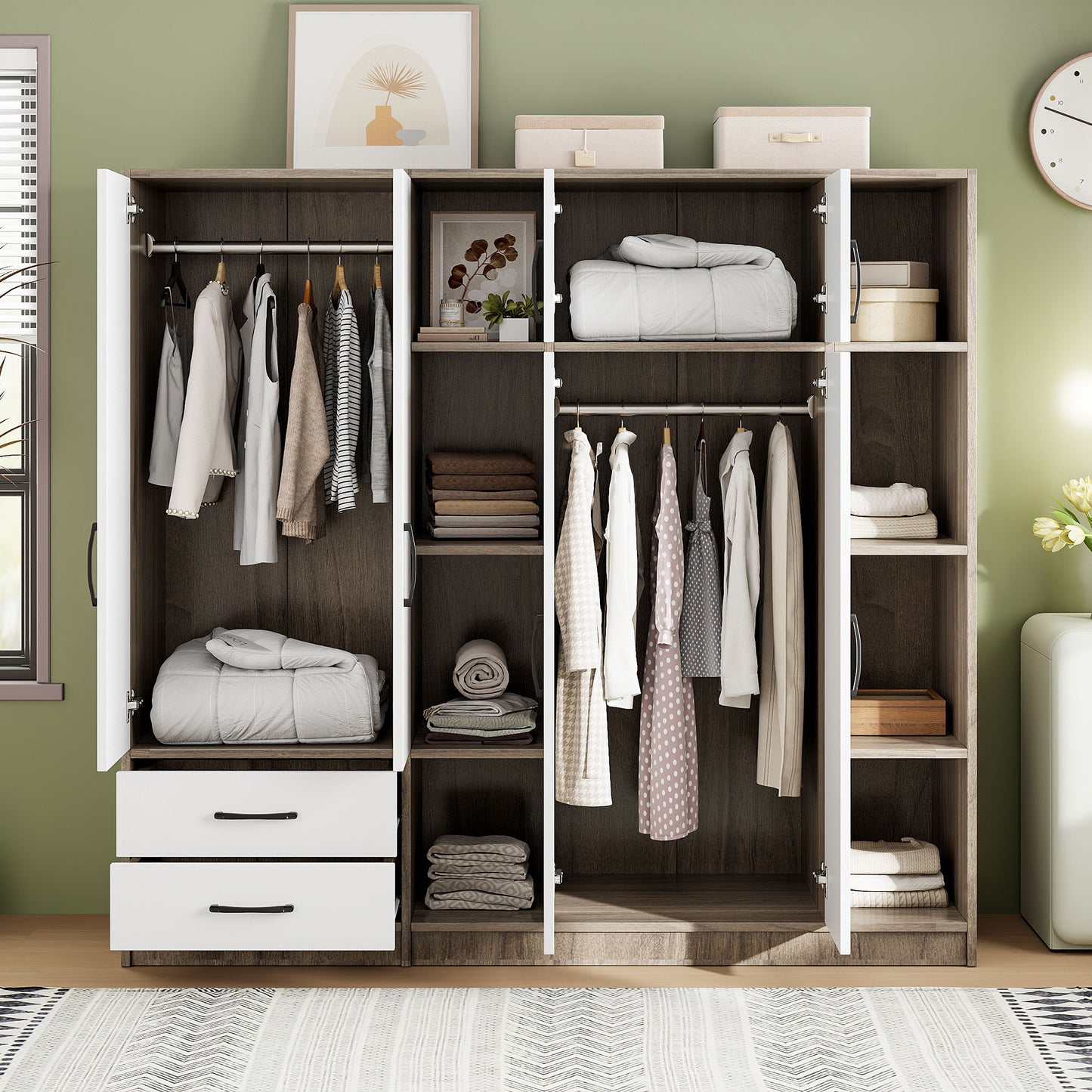 6 Door Wardrobe With Shelves And Drawers - Natural