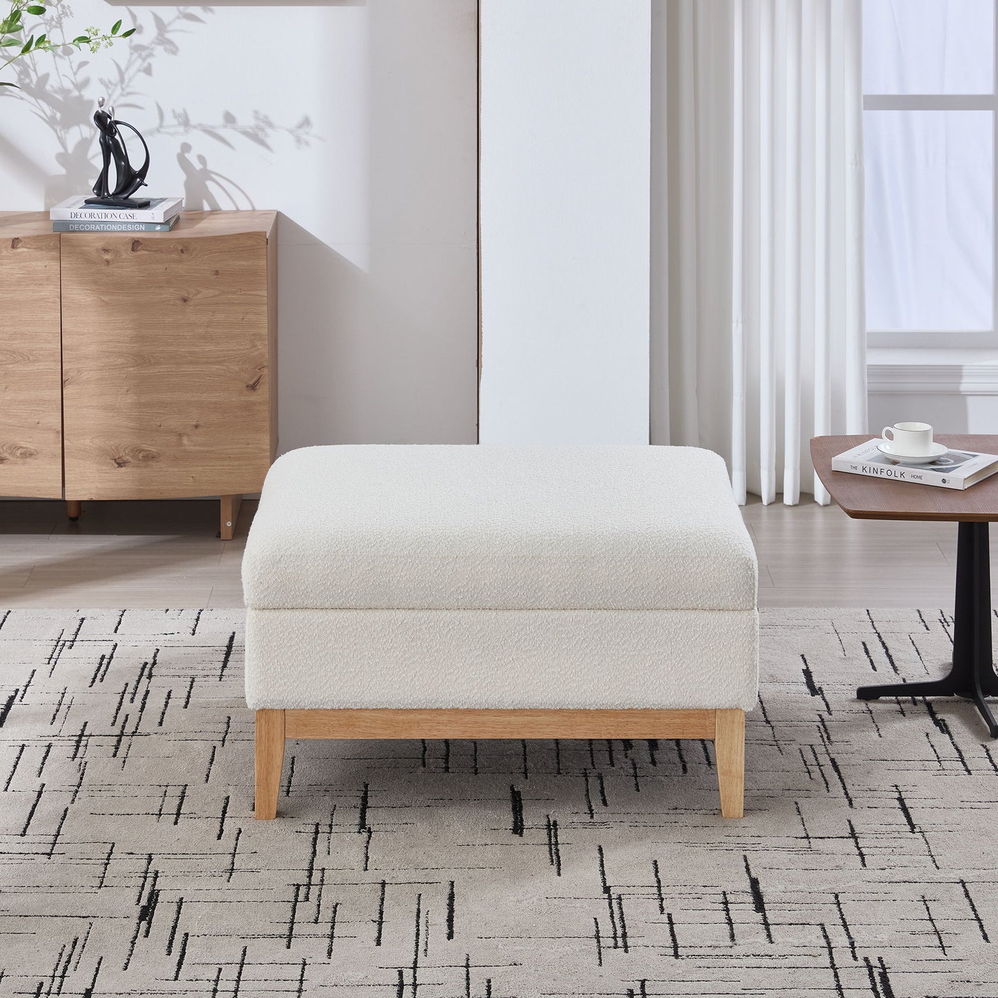 Upholstered Storage Ottoman With Reversible Lid Coffee Table, Foot Stool Square Footrest With Rubberwood Legs For Living Room Bedroom Entryway And Office - Ivory