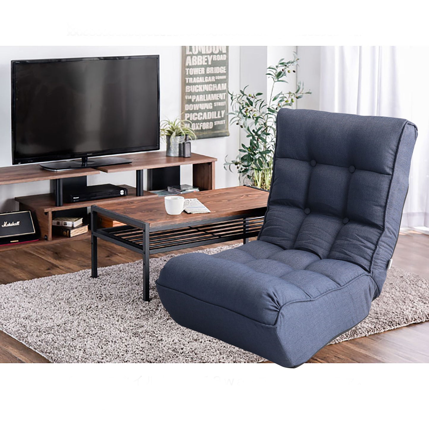 Single Sofa Reclining Japanese Chair Lazy Sofa Tatami Balcony Adjustable Chair - Navy