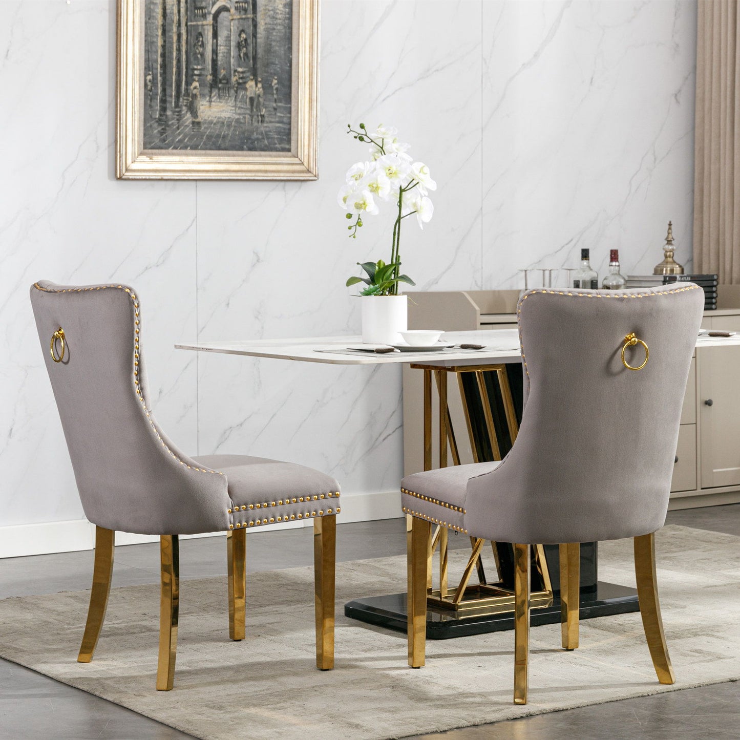 Nikki - Modern, High-End Tufted Solid Wood Contemporary Velvet Upholstered Dining Chair With Golden Stainless Steel Plating Legs, Nailhead Trim (Set of 2) - Gray / Gold