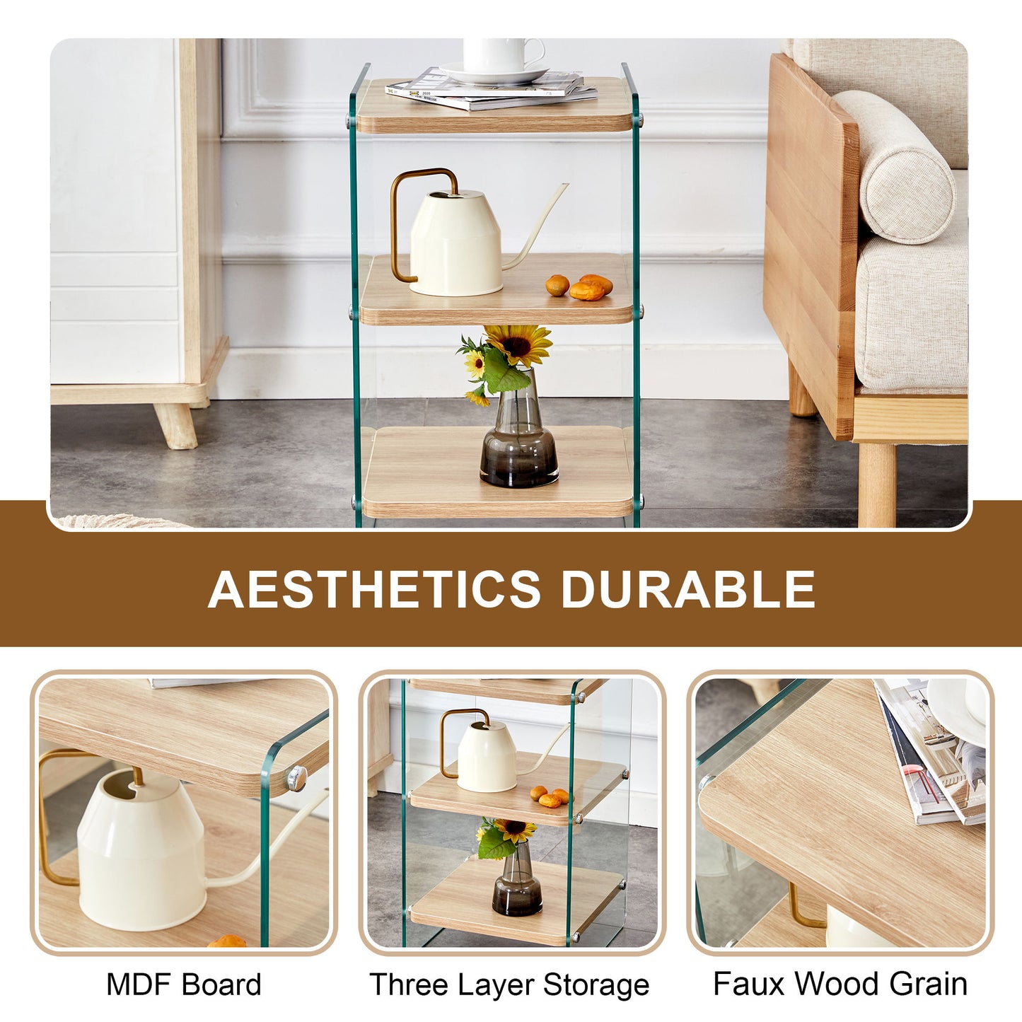 Modern 3 Layer Bedside Cabinet With Storage Function In Wood And Tempered Glass - Wood