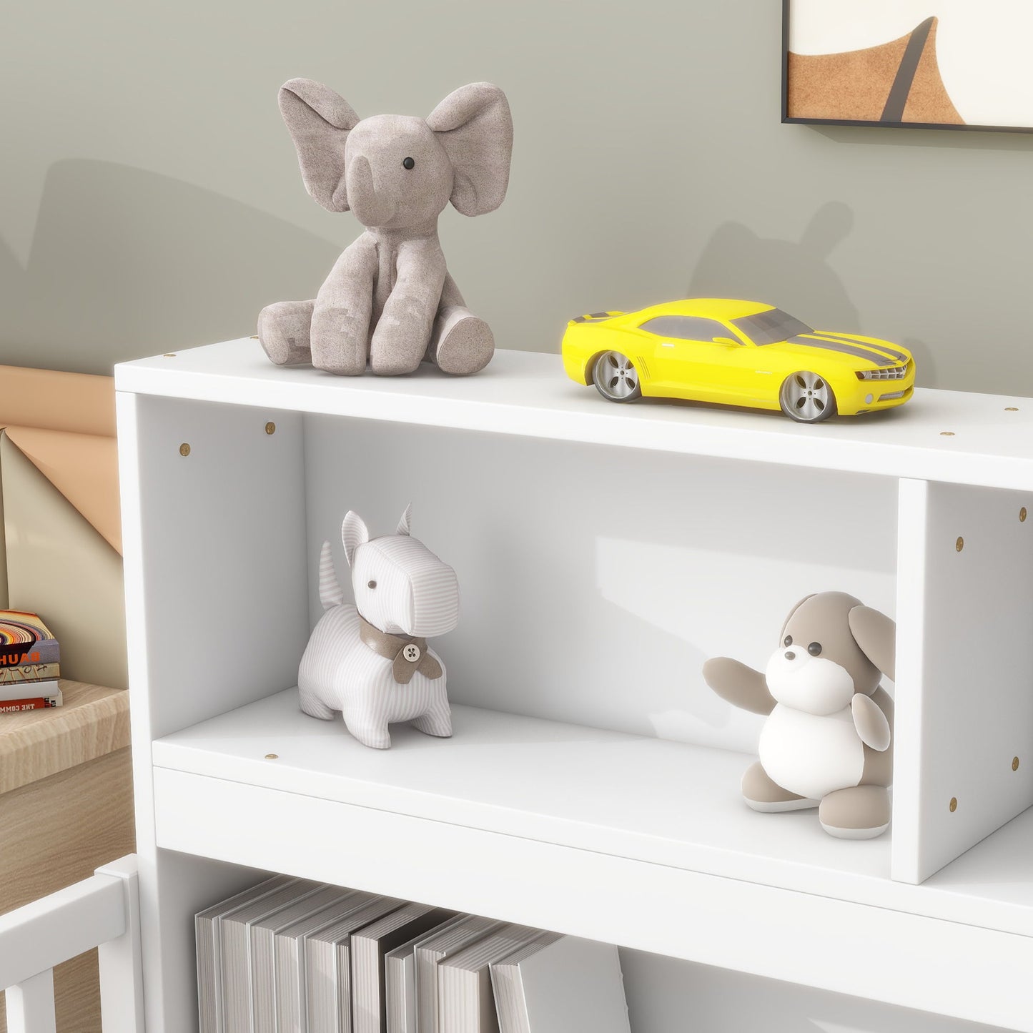 Twin Floor Bed With Bedside Bookcase, Shelves, Guardrails - White