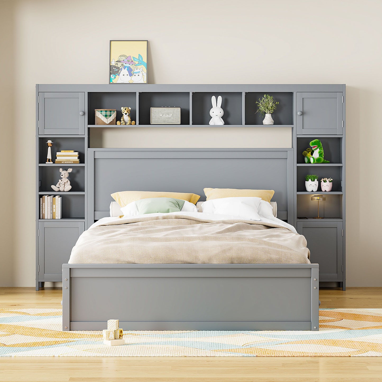 Queen Size Bed With All In One Cabinet, Shelf And Sockets - Gray