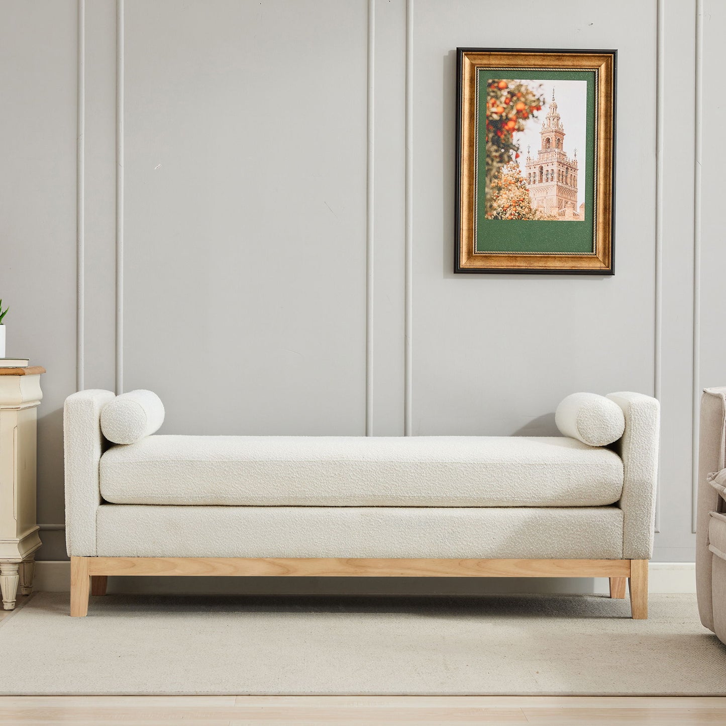 Elegant Upholstered Bench Daybed Ottoman With Nature Wood Legs & Bolster Pillows - Ivory Boucle