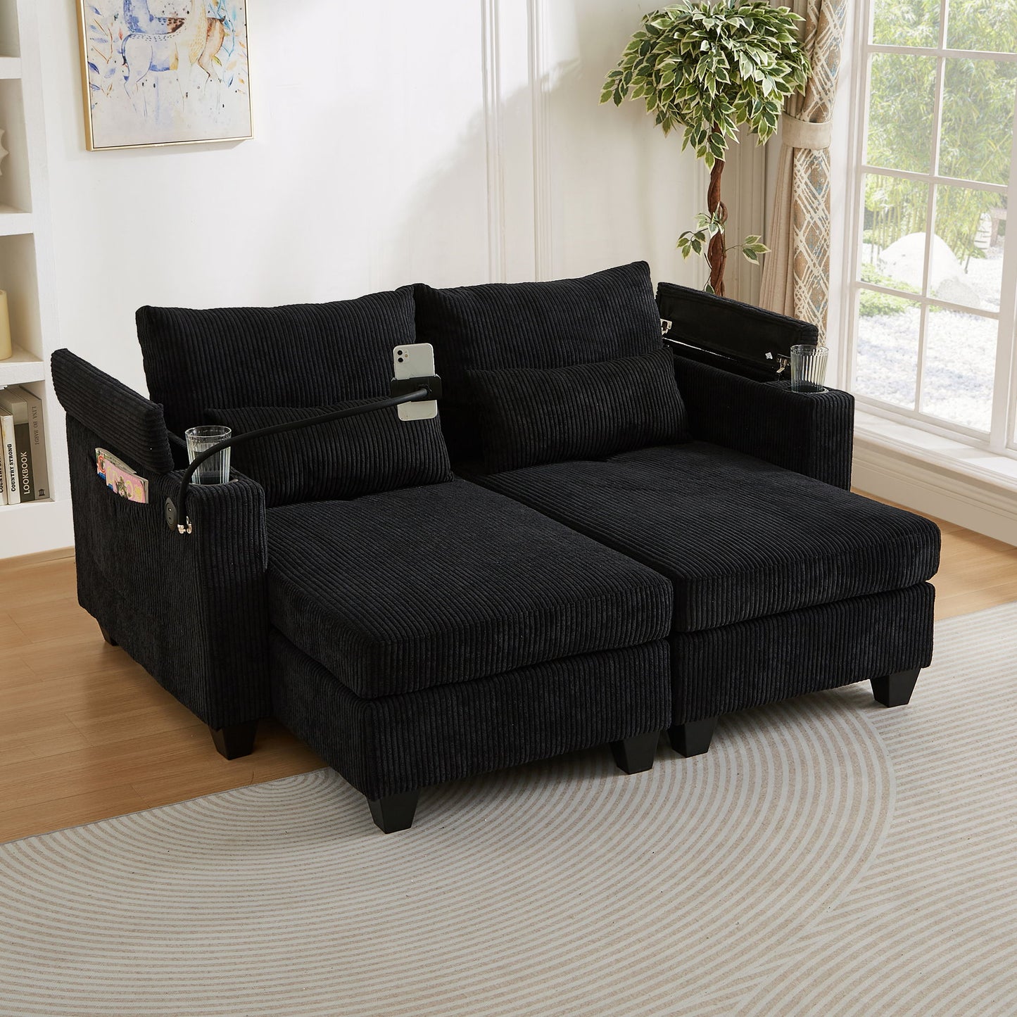 Convertible Chaise Lounge Loveseat Sofa Bed With USB Ports, Cup Holders, Phone Holder & Storage - Black