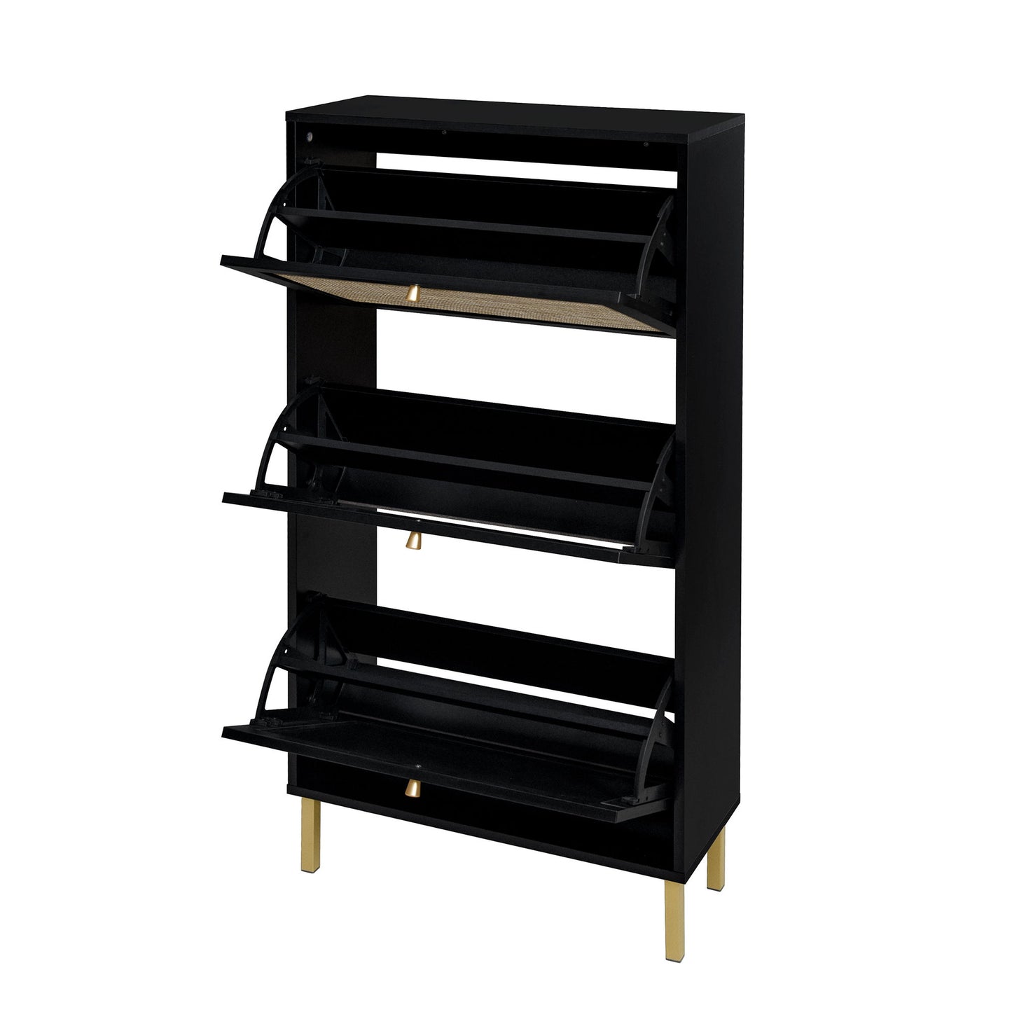 Modern Rattan 3 Door Shoe Rack Cabinet For Entryway Freestanding Black Storage Unit In Particle Board - Black