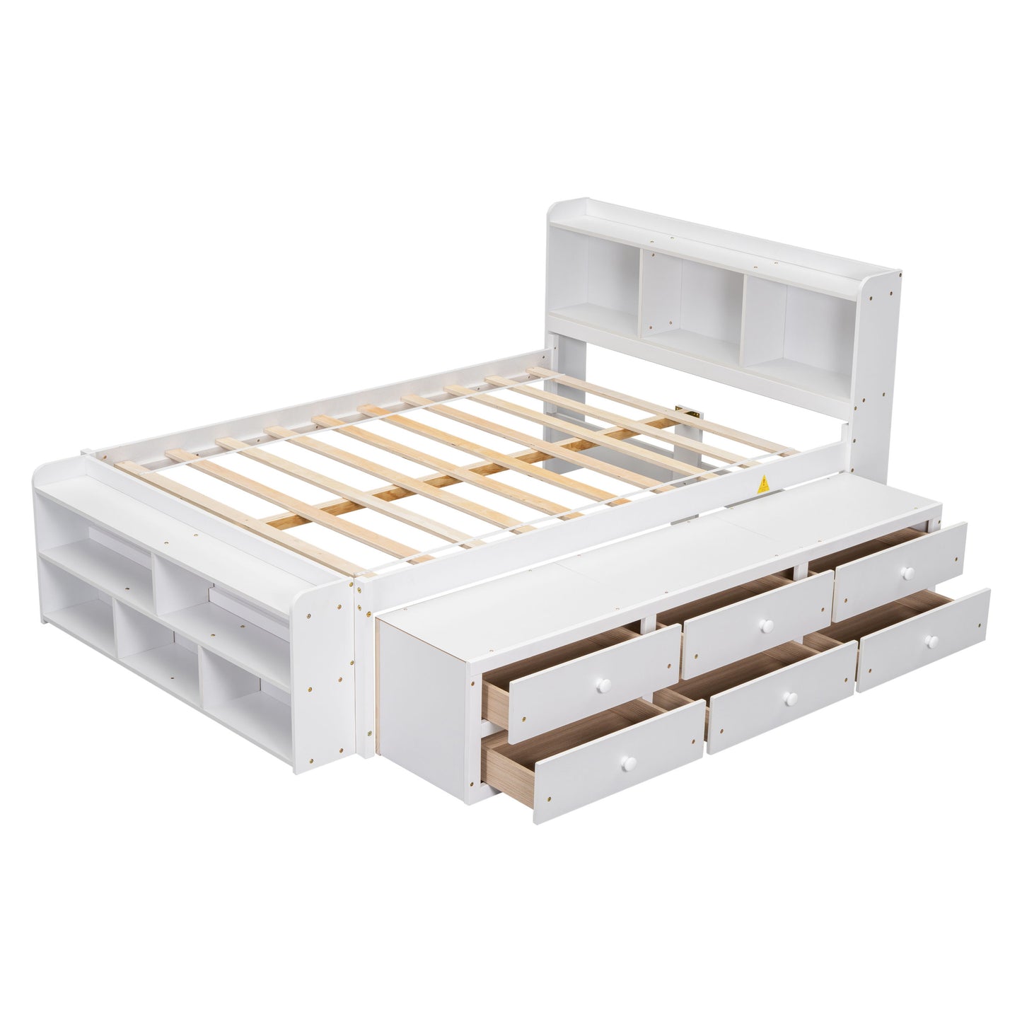 Full Bed With Bookcase Headboard, Under Bed Storage Drawers And Bed End Storage Case - White