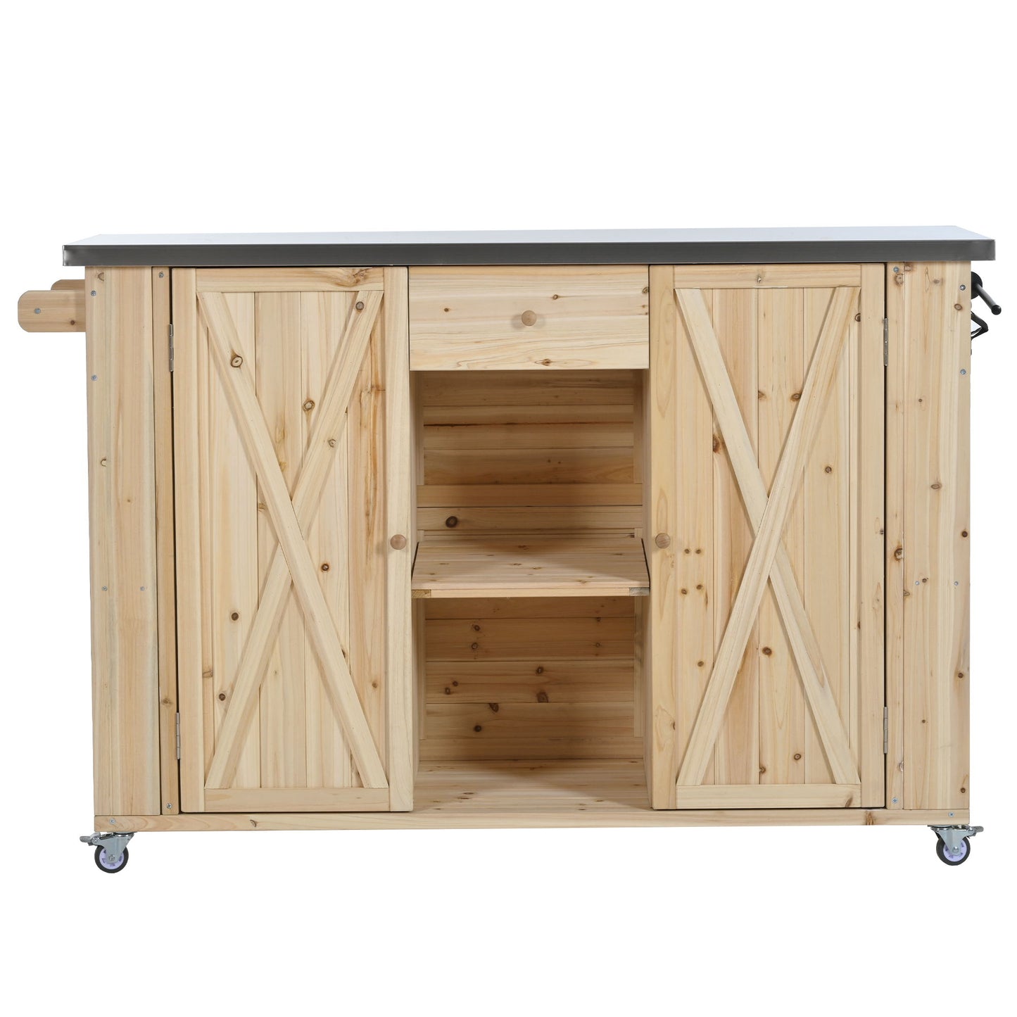 Outdoor Kitchen Island Fir Wood Kitchen Island With Stainless Steel Top, Ample Storage Space, Towel And Spice Racks And A Bottle Opener For Outdoor - Natural