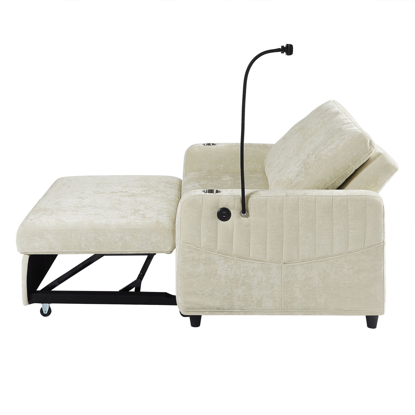 Modern Loveseat Pull Out Sofa Bed With Adjustable Backrest, Two Cup Holders, A Phone Holder, Three Charging Ports And Side Storage Pockets For Living Room - Beige