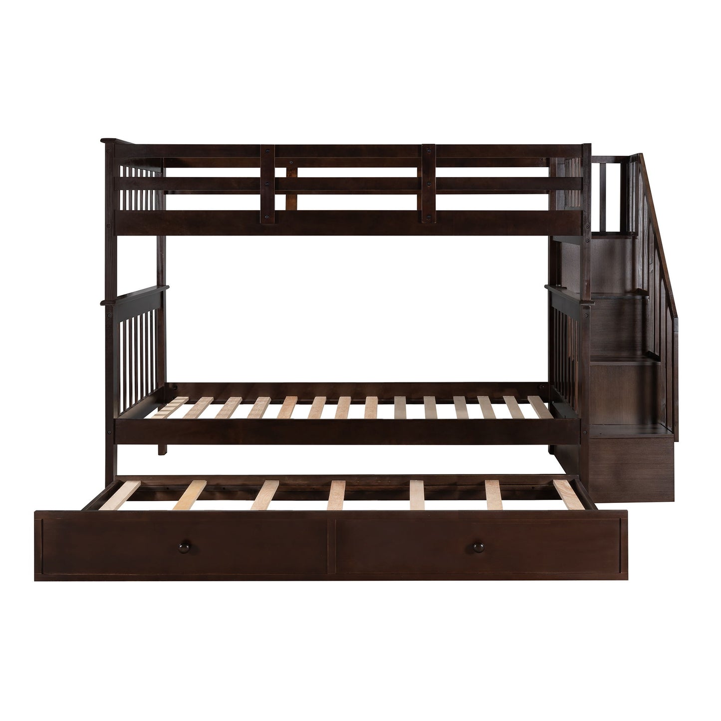 Twin Over Twin Stairway Bunk Bed With Twin Size Trundle For Bedroom - Espresso