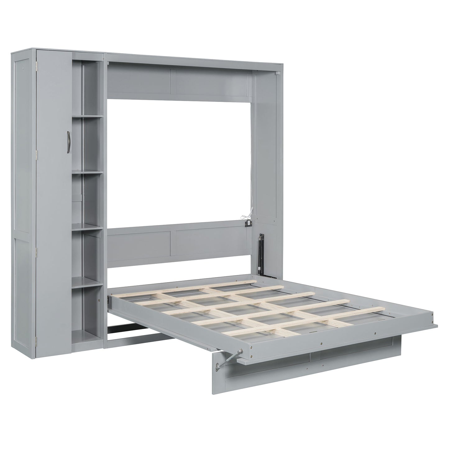 Full Size Murphy Wall Bed With Shelves, Wardrobe And LED Lights - Gray
