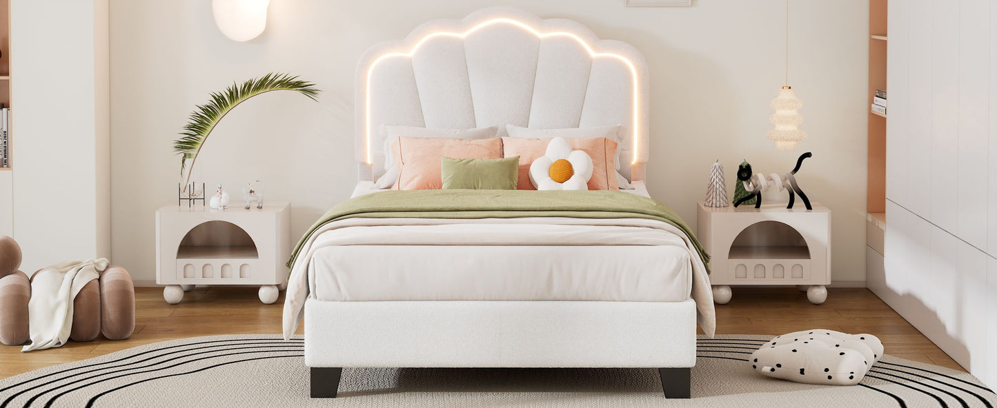 Twin Size Upholstered Flower-Shape Bed, Elegant Flowers Headboard With LED Light Strip, Sherpa Fabric Platform Bed With Slats Support - White