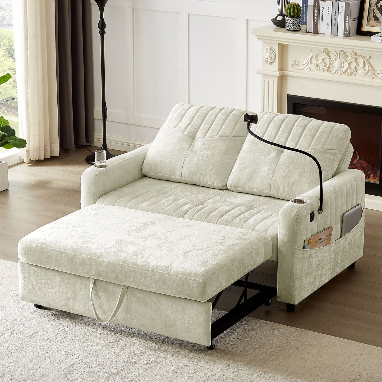 Modern Loveseat Pull Out Sofa Bed With Adjustable Backrest, Two Cup Holders, A Phone Holder, Three Charging Ports And Side Storage Pockets For Living Room - Beige