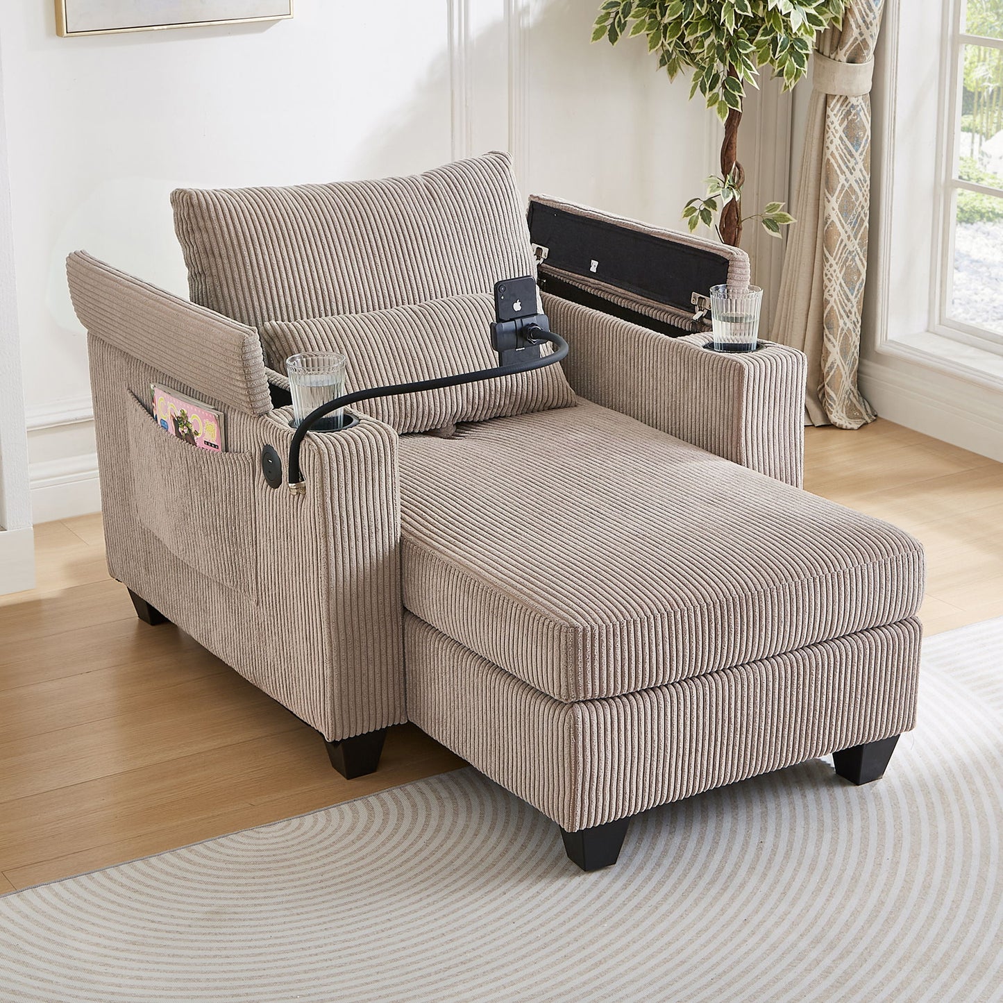 Convertible Chaise Lounge Sofa Chair With USB Ports, Cup Holders, Phone Holder, Storage - Brown