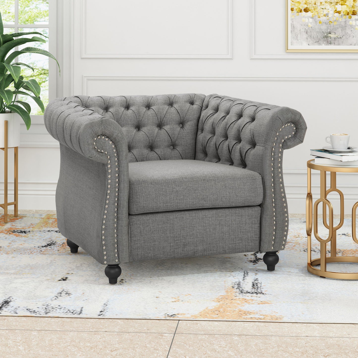 Nexuson - Upholstered Fabric Chesterfield Chair With Deep Tufted And Nailhead Trim - Dark Gray