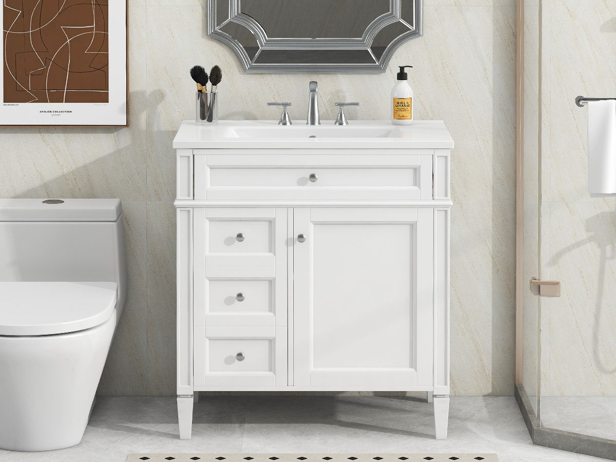 Bathroom Vanity & Top Sink, Modern Bathroom Storage Cabinet, 2 Drawers And A Tip-Out Drawer, Single Sink Bathroom Vanity - White