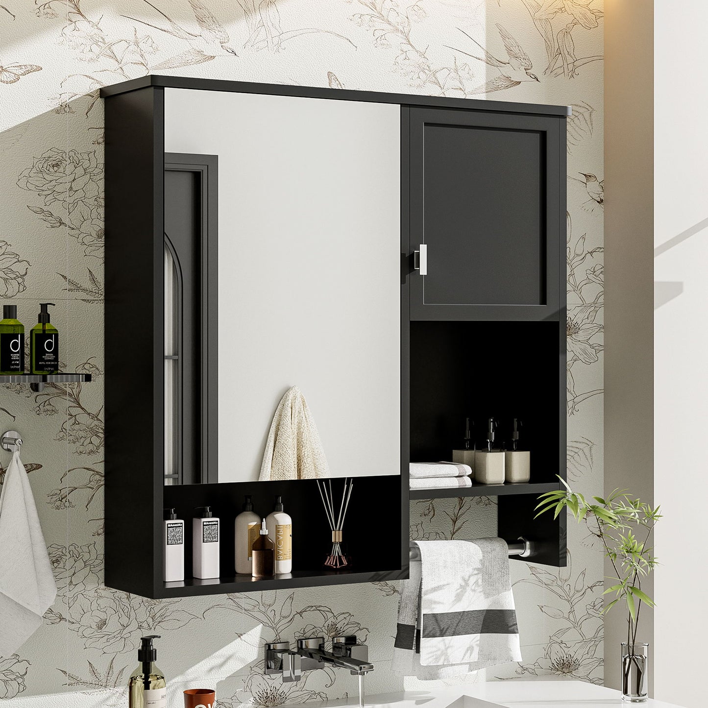 Modern Wall Mounted Bathroom Medicine Cabinet, Bathroom Wall Storage Cabinet With Mirror, Over The Toilet Space Saver Cabinet With Towels Bar - Black