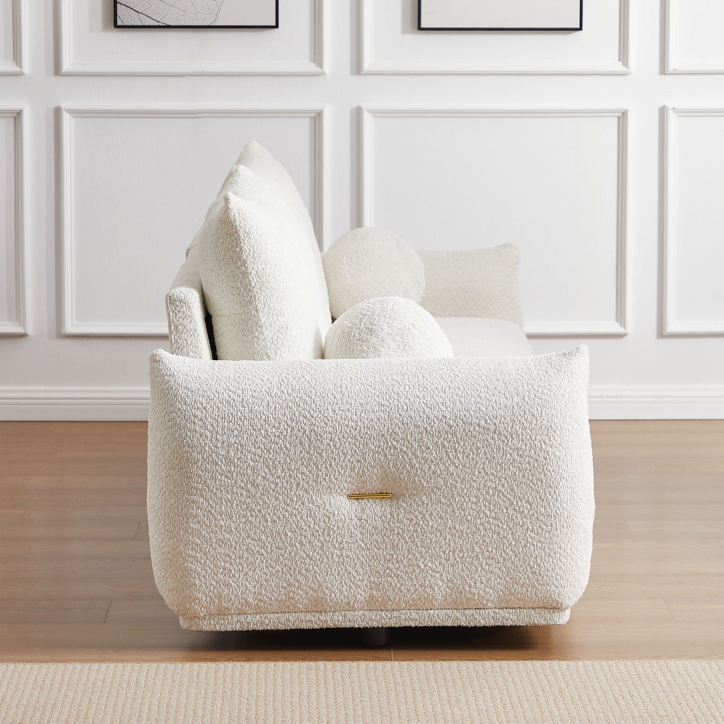 Lamb's Wool 2 Seater Cushion Sofa Comfortable Sofa For Living Room Bedroom And Other Casual Spaces Lamb's Wool Sofa With 2 Cushions And 2 Ball Pillows - White