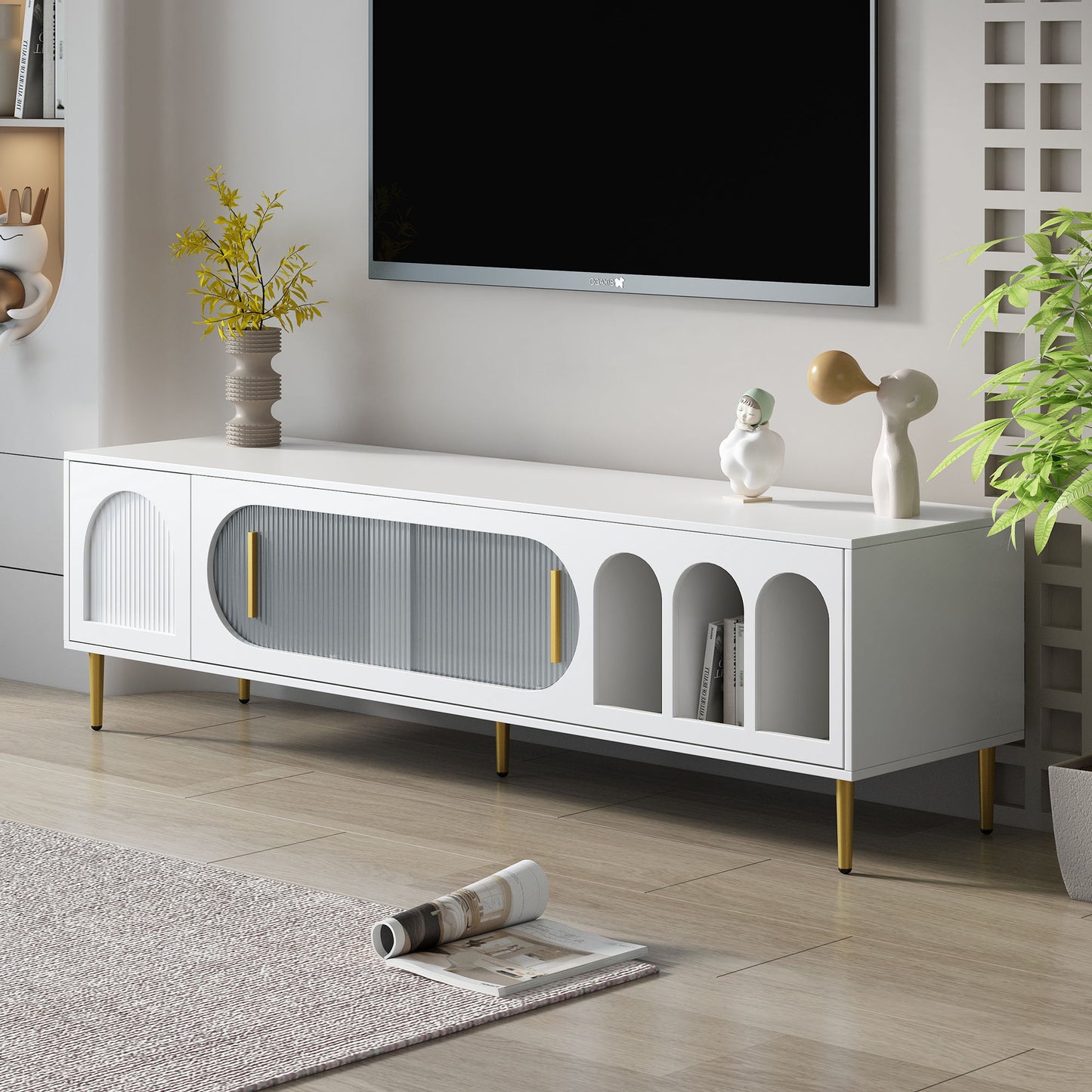 Modern TV Stand For Up To 70" TV, Entertainment Center TV Media Console Table, With 3 Shelves And 2 Cabinets, TV Console Cabinet Furniture For Living Room - White