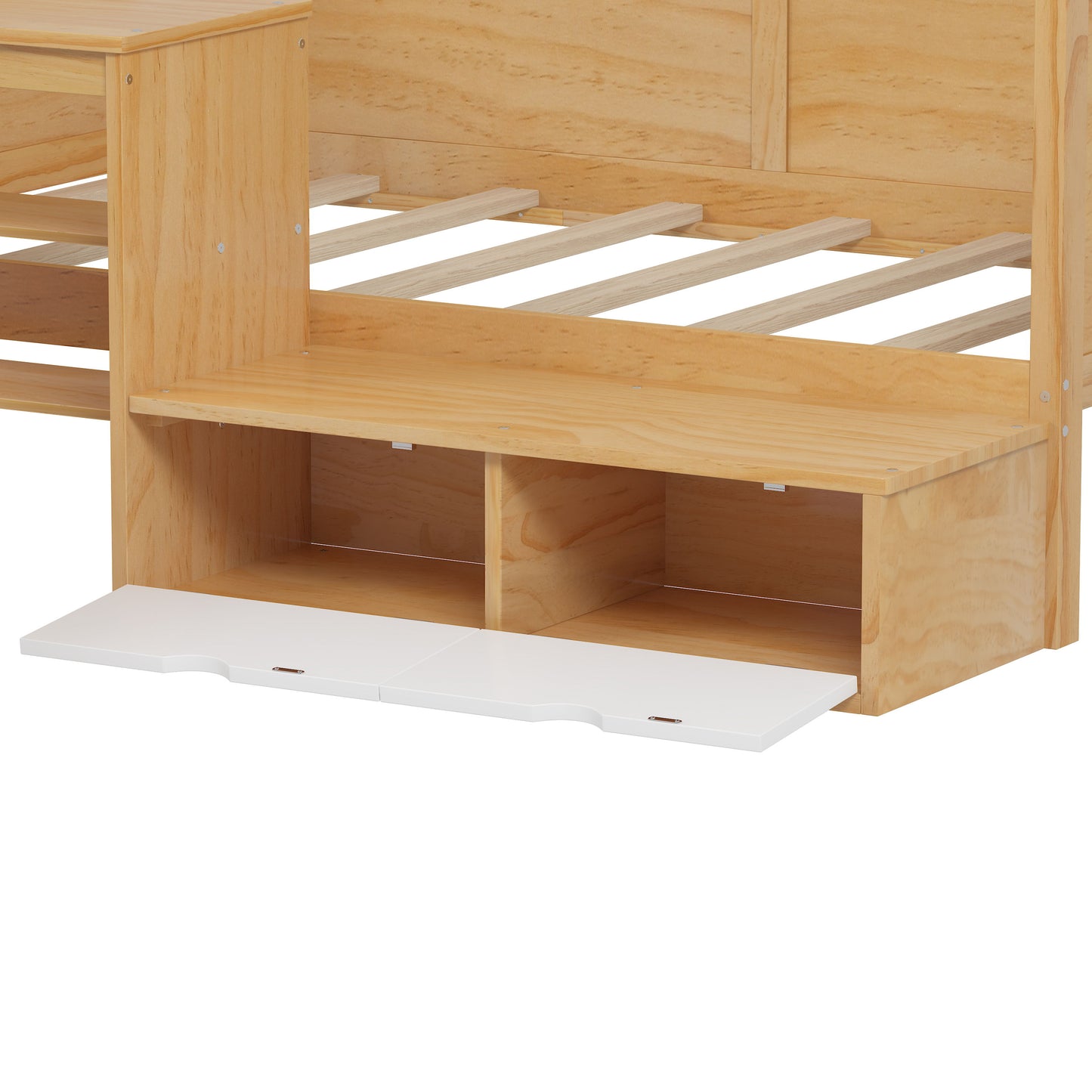 Twin Size Daybed With Storage Shelves And Lockers, Multi Functional Bed With Study Desk And Matching Stool - Natural