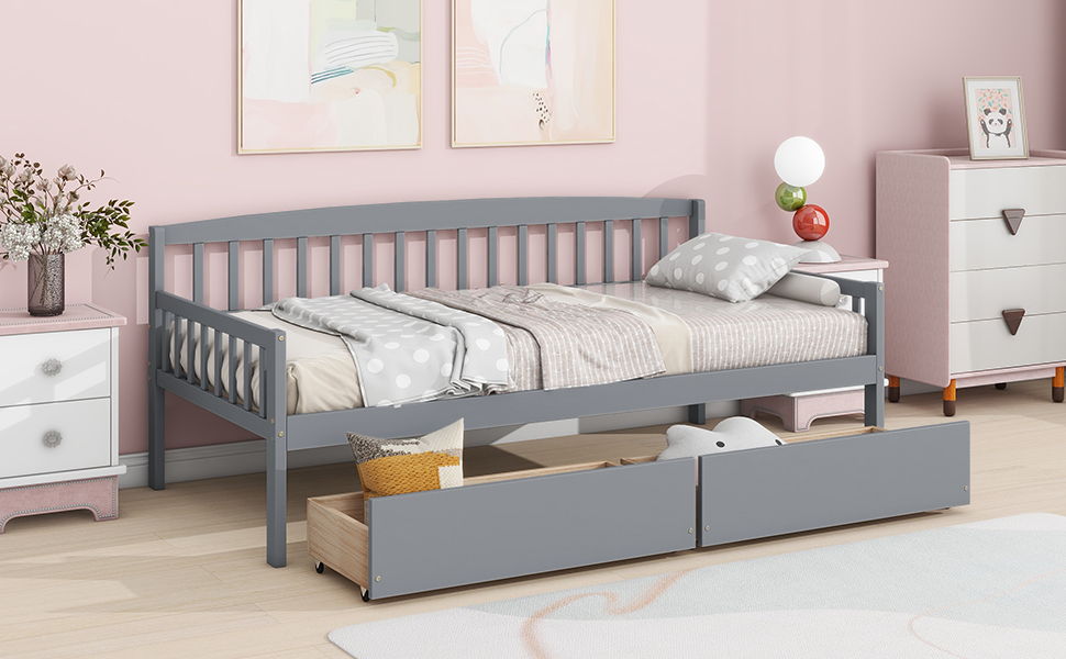 Twin Size Pine Wood Daybed With Two Storage Drawers, Sofa Bed With Bed Platform Of 10 Support Slats - Gray