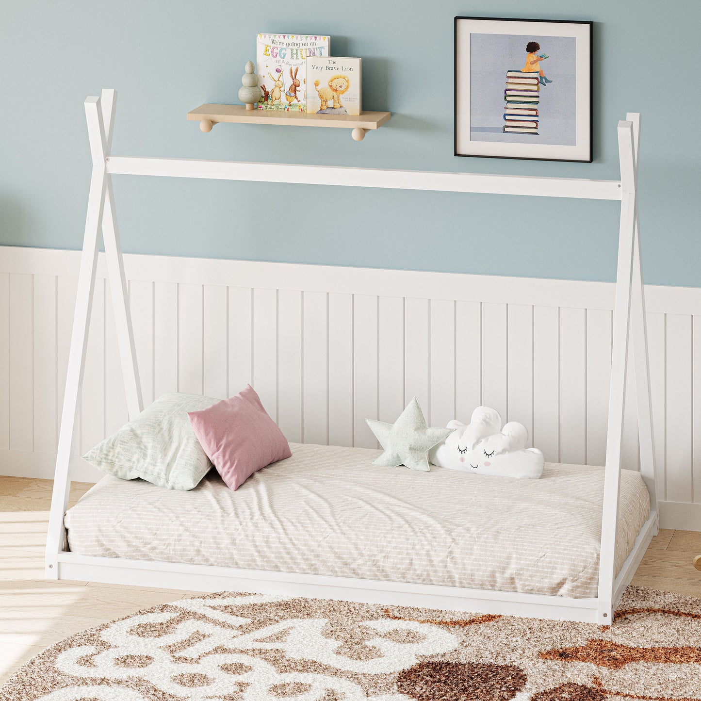 Wood Twin Size Tent Bed For Kids, Montessori Style Low - Floor Bed, House-Shape Tent Bed Frame For Boys Girls Teens, Without Slats - White