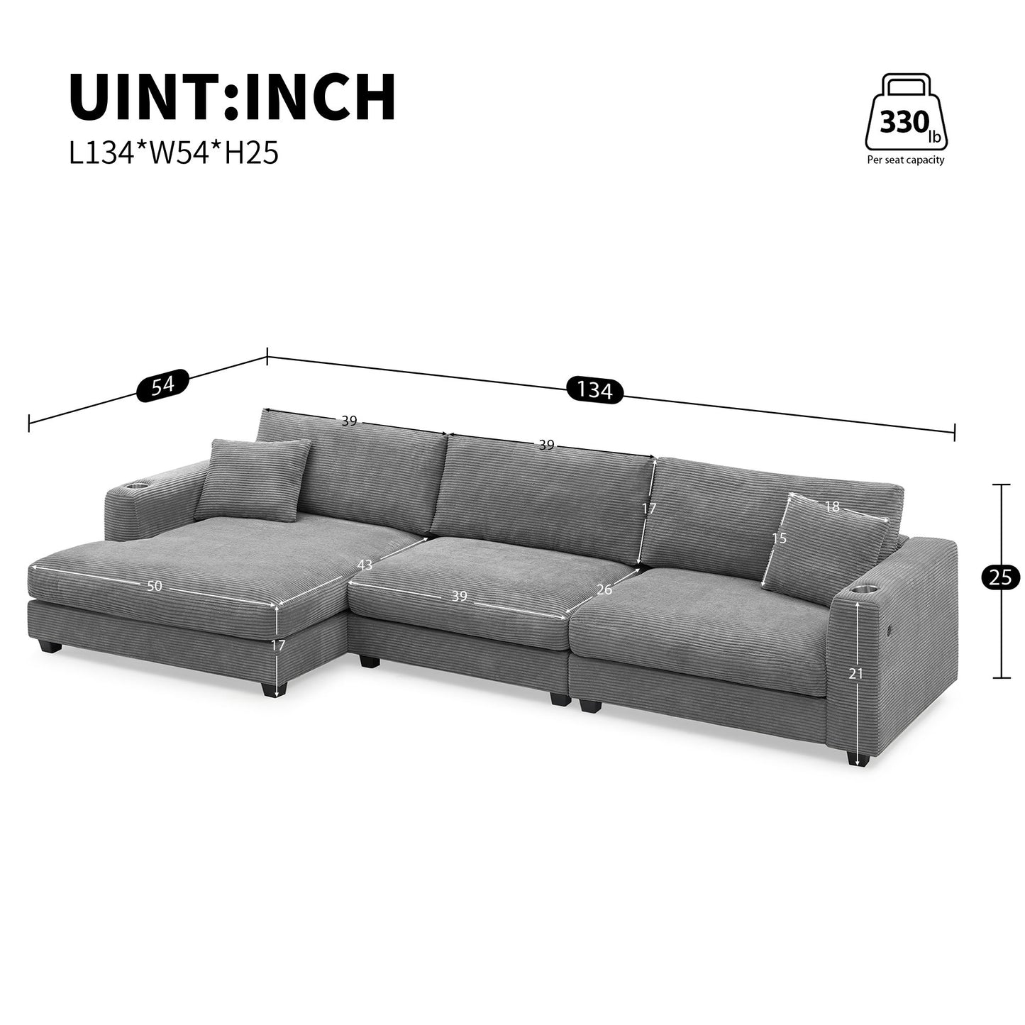 Oversized Sectional L Shaped Cloud Couch With USB Charging Port Cup Holder Deep And Wide Seat Sofa With Chaise Comfy - Gray