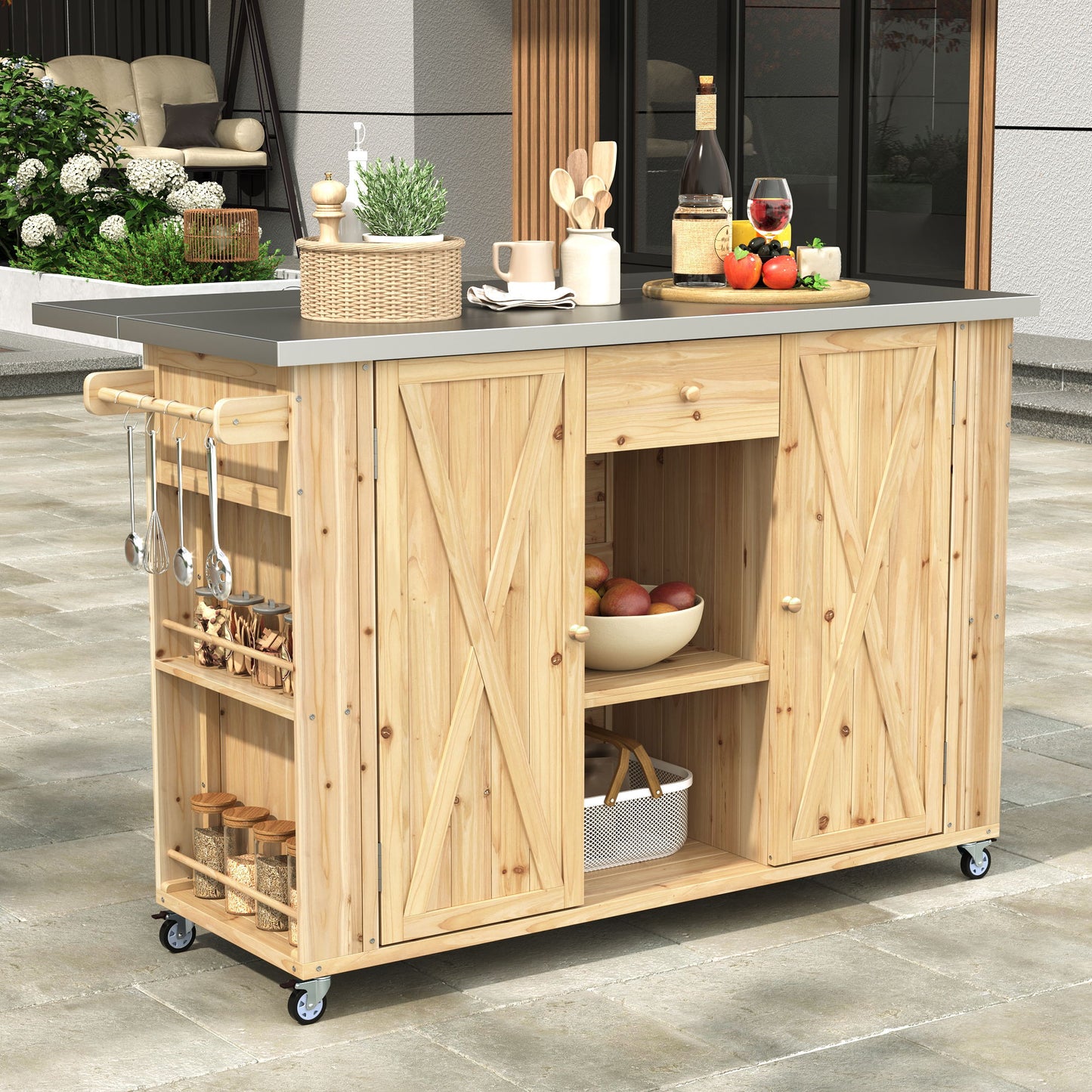 Outdoor Kitchen Island Fir Wood Kitchen Island With Stainless Steel Top, Ample Storage Space, Towel And Spice Racks And A Bottle Opener For Outdoor - Natural