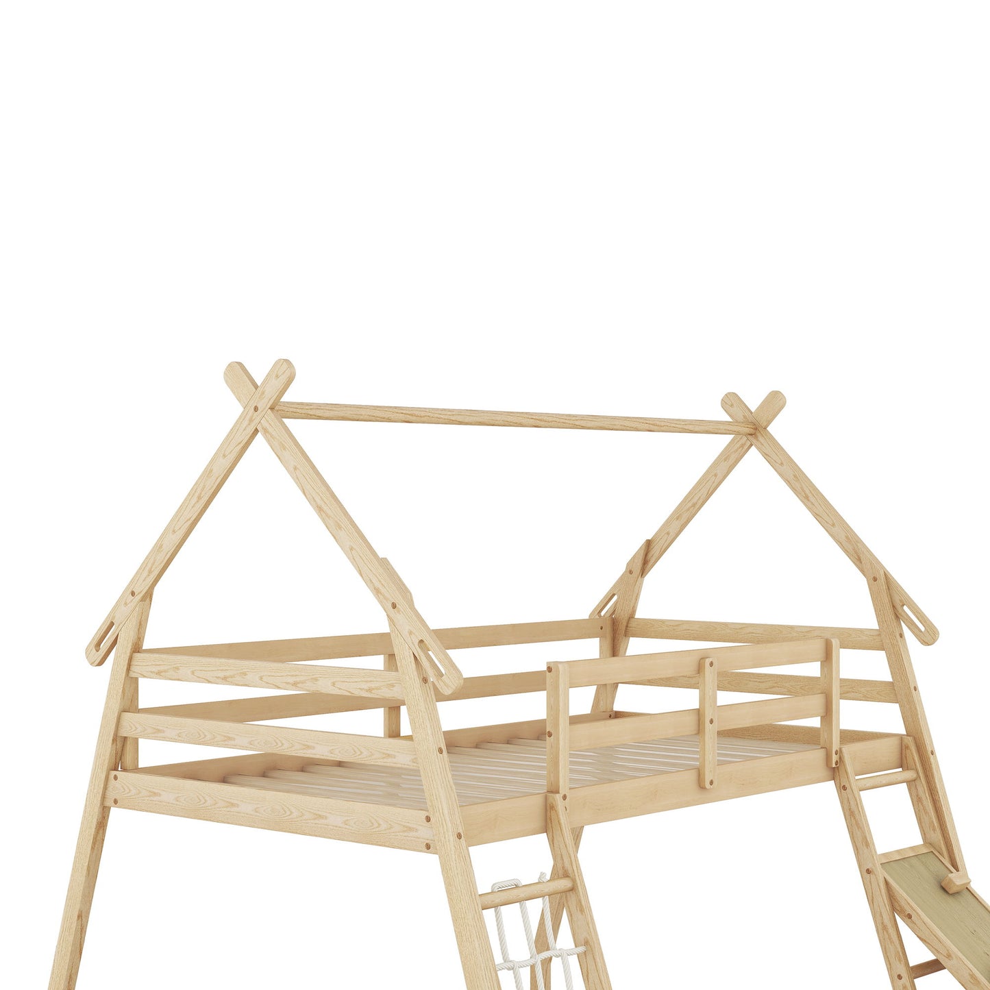 Twin Over Queen House Bunk Bed With Climbing Nets And Climbing Ramp - Natural