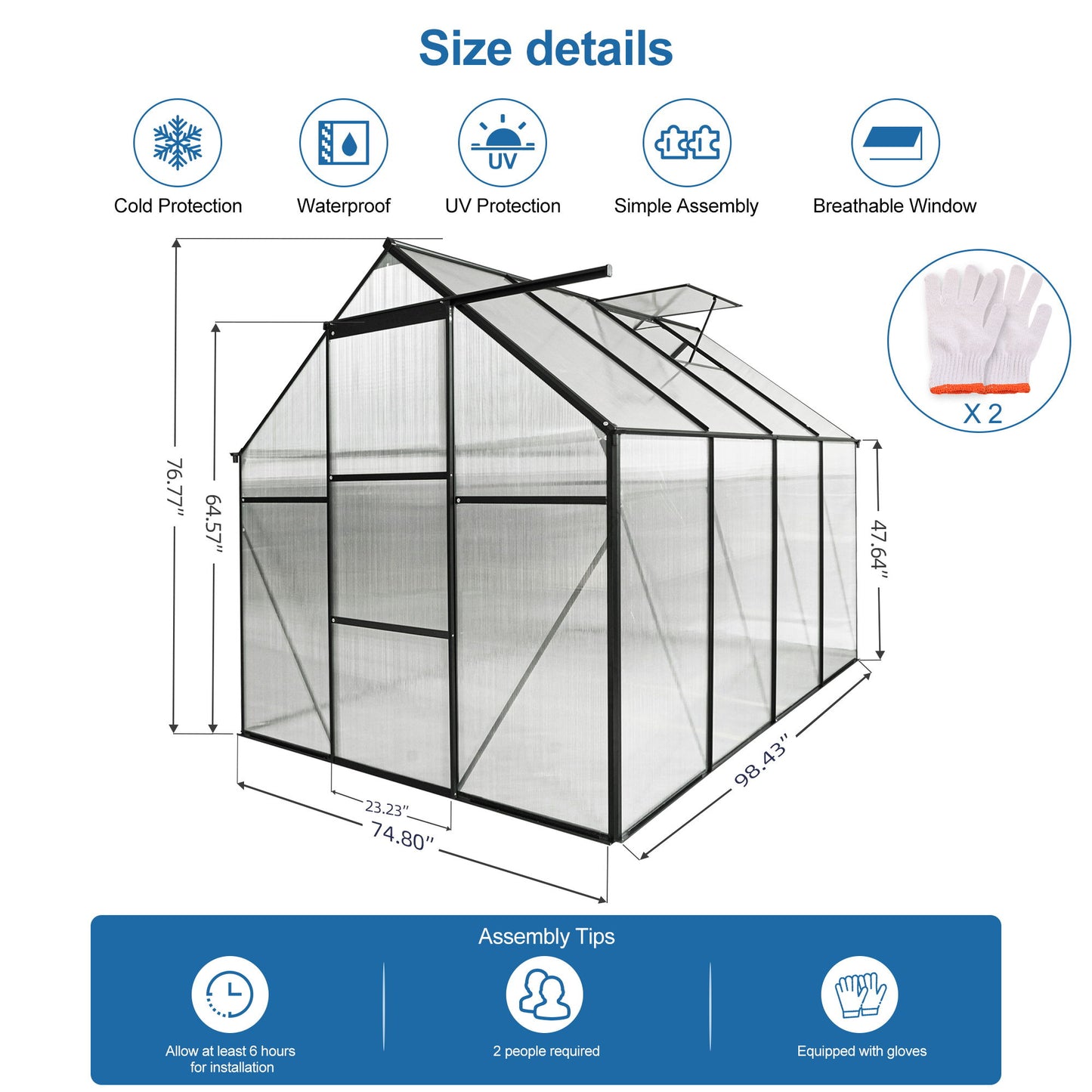6X8 Ft Polycarbonate Greenhouse Raised Base And Anchor Aluminum Heavy Duty Walk-In Greenhouses For Outdoor Backyard In All Season - Black