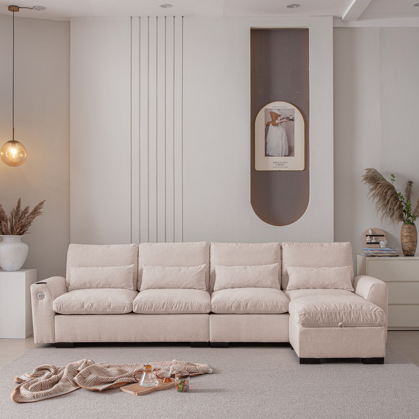 Modern Modular L Shaped Chenille Sofa Couch Reversible Ottoman With Storage Removable And Washable Cushions Sofa With USB Ports & Cup Holder For Living Room - Beige