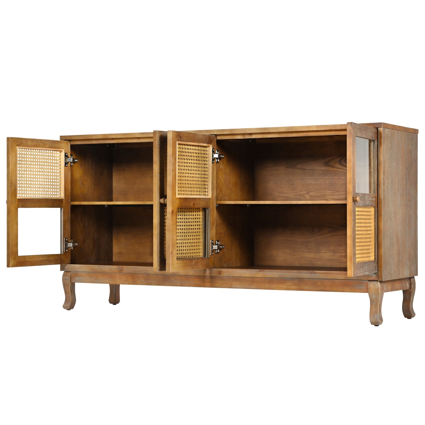 Retro 4 Door Sideboard With Large Storage Space, Artificial Rattan Doors - Transparent Glass - Antique Brown