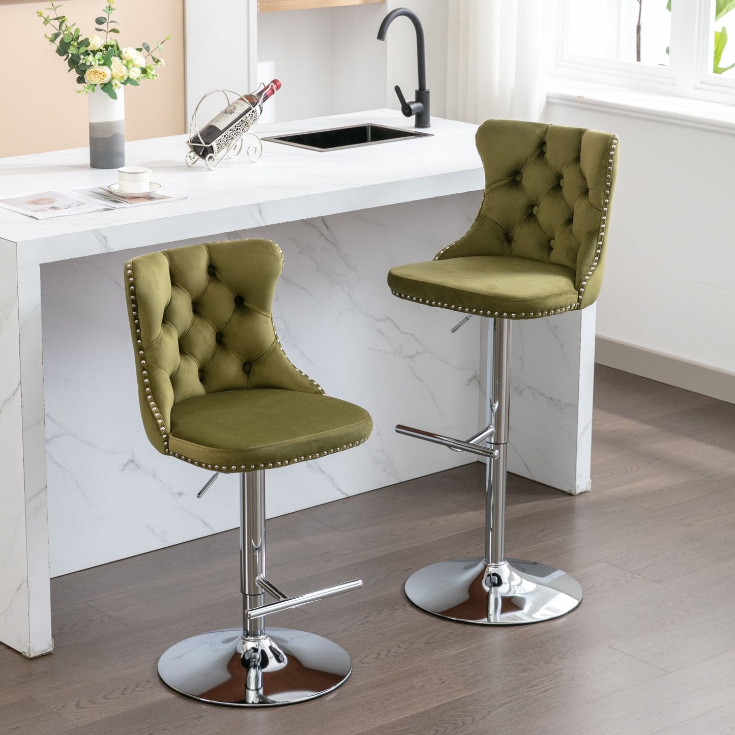 Swivel Velvet Barstools Adjusatble Seat Height From 25-33", Modern Upholstered Chrome Base Bar Stools With Backs Comfortable Tufted For Home Pub And Kitchen Island (Set of 2), 1712Ol - Olive Green