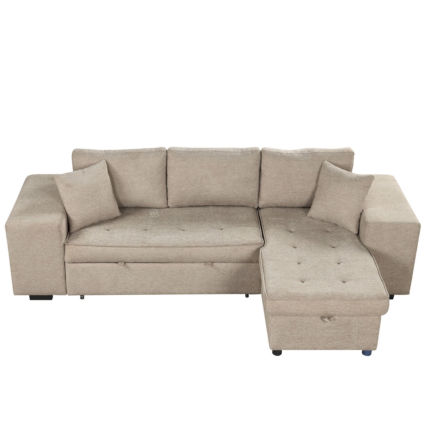Modern L-Shape 3 Seat Reversible Sectional Couch, Pull Out Sleeper Sofa With Storage Chaise And 2 Stools For Living Room Furniture Set - Cream