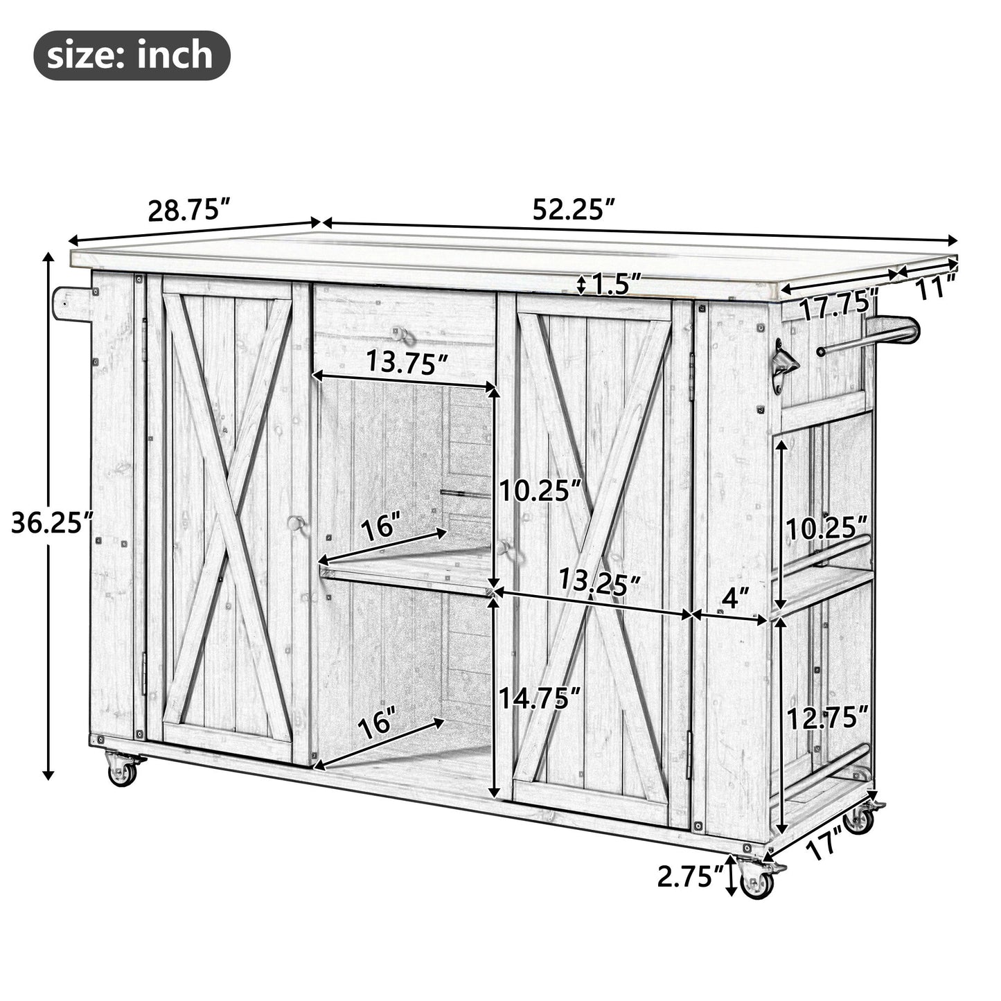 Outdoor Kitchen Island Fir Wood Kitchen Island With Stainless Steel Top, Ample Storage Space, Towel And Spice Racks And A Bottle Opener For Outdoor - Natural