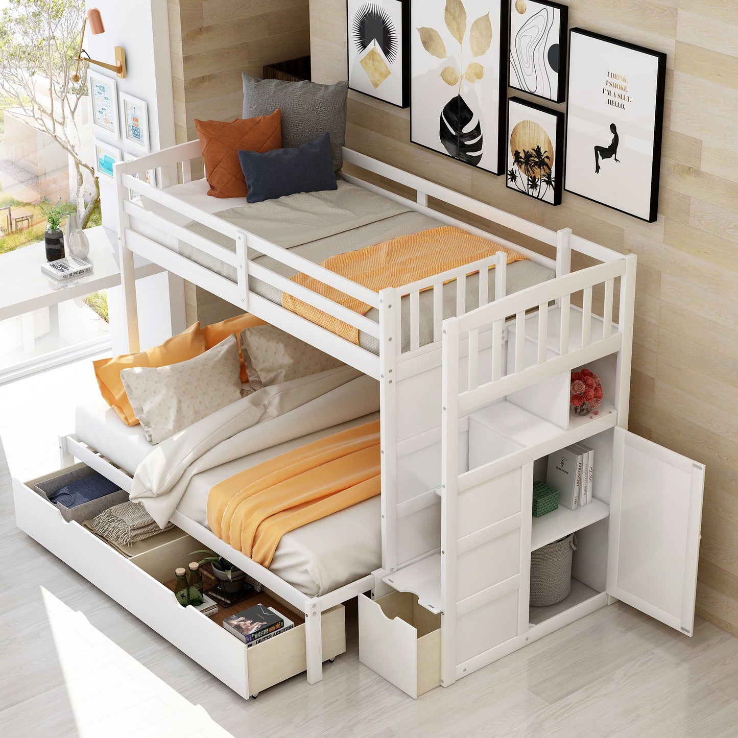 Twin Over Full / Twin Bunk Bed, Convertible Bottom Bed, Storage Shelves And Drawers - White