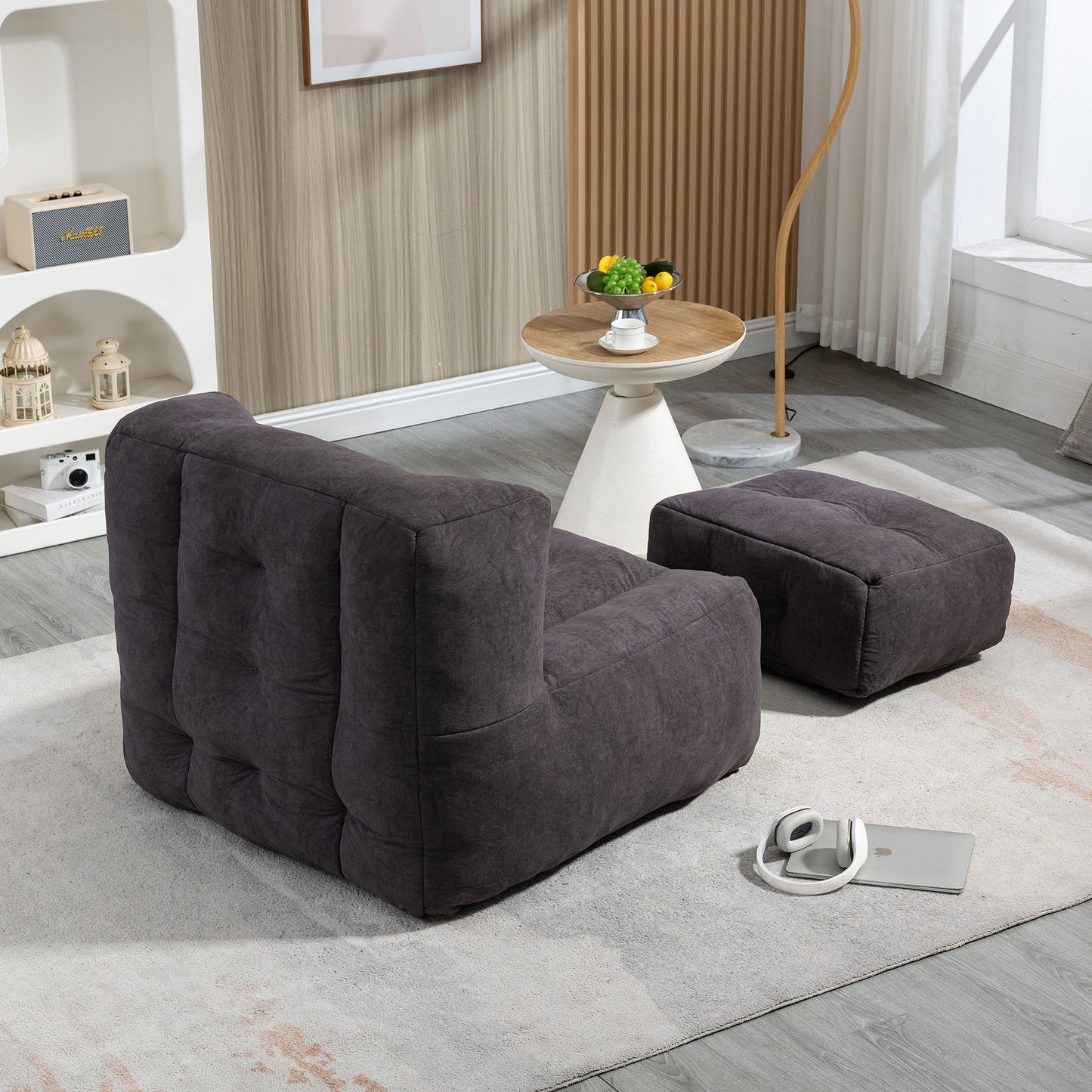 Fluffy Bean Bag Chair, Comfortable Bean Bag For Adults And Children, Super Soft Lazy Sofa Chair With Memory Foam And Ottoman, Indoor Modern Focus Bean Bag Chair For Living Room, Bedroom, Apartment - Black