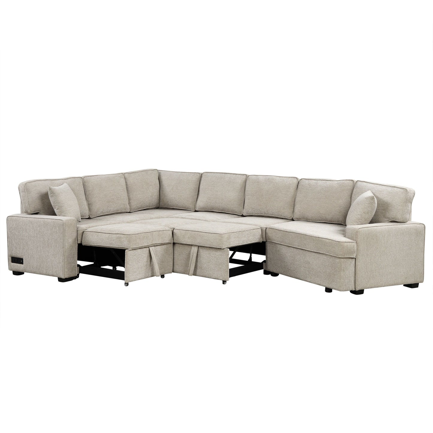 L-Shaped Sofa Sectional Sofa Couch Pull-Out Sofa Bed With Charging Devices And Cup Holders For Living Room - Beige