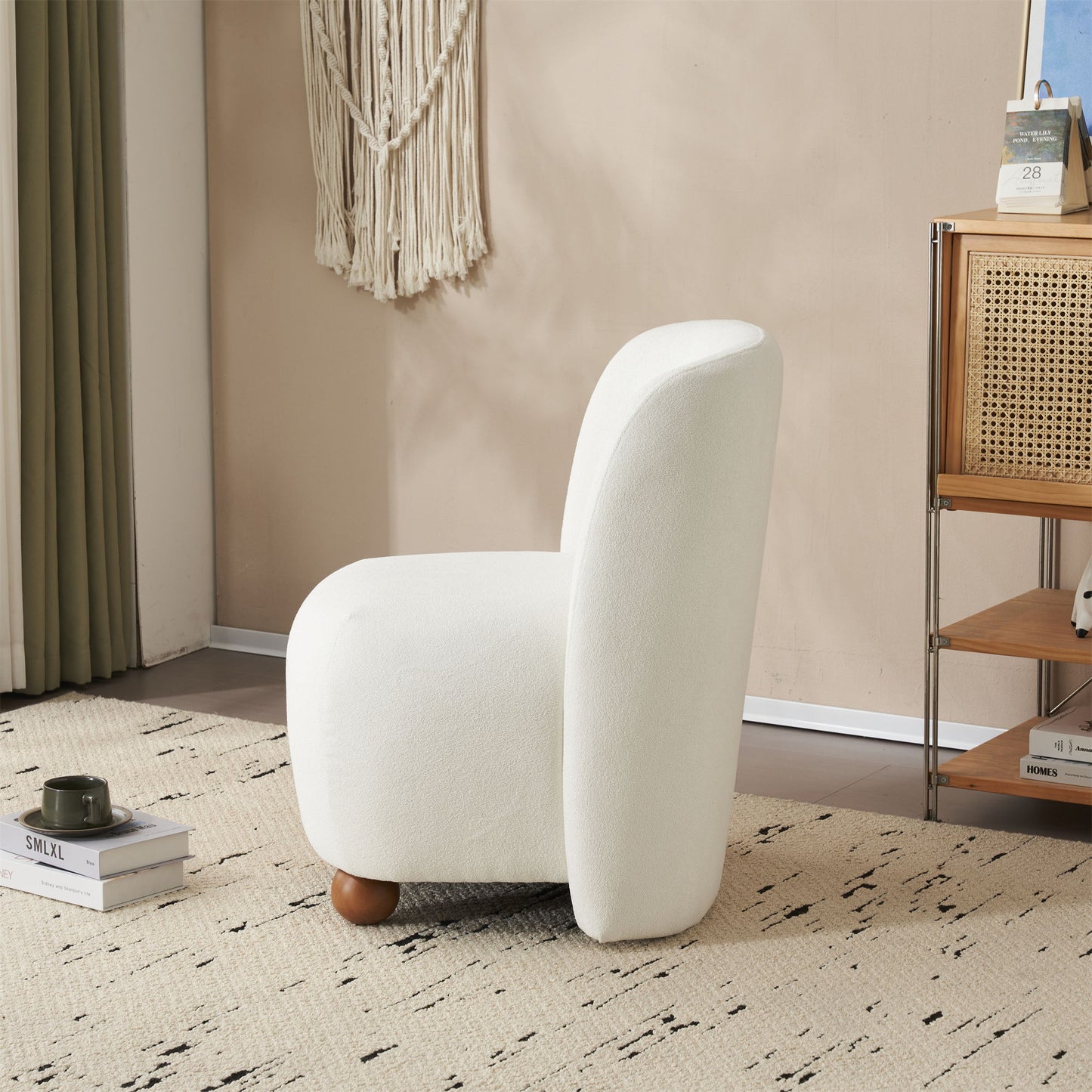 Modern Low Back Accent Chair, Upholstered Armless Living Room Chairs, Round Pine Wood Feet, For Small Living Spaces, Living Room - White