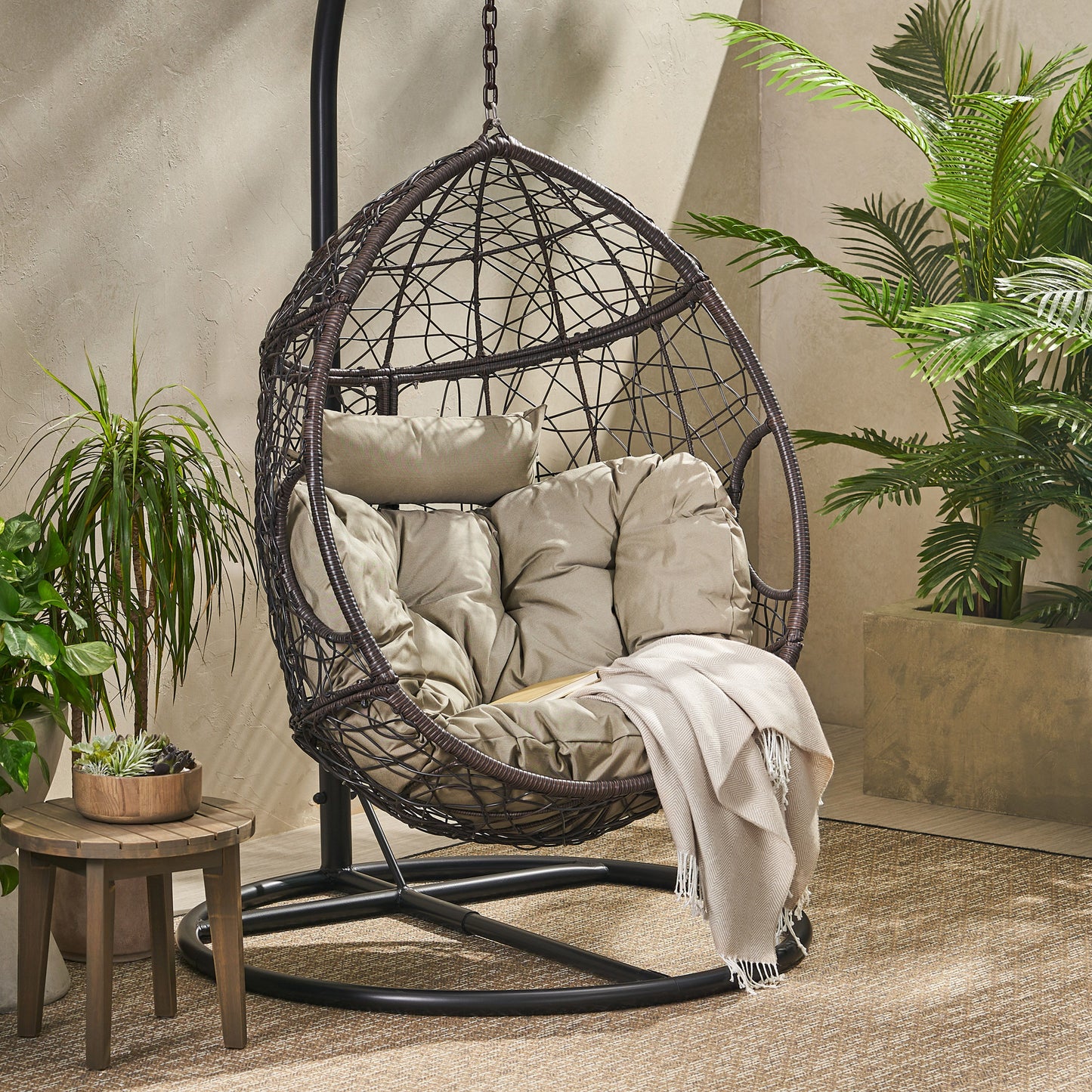 Kylie - Hanging Basket Chair Brown Cozy Rattan Design With Water Resistant Cushions - Khaki / Brown