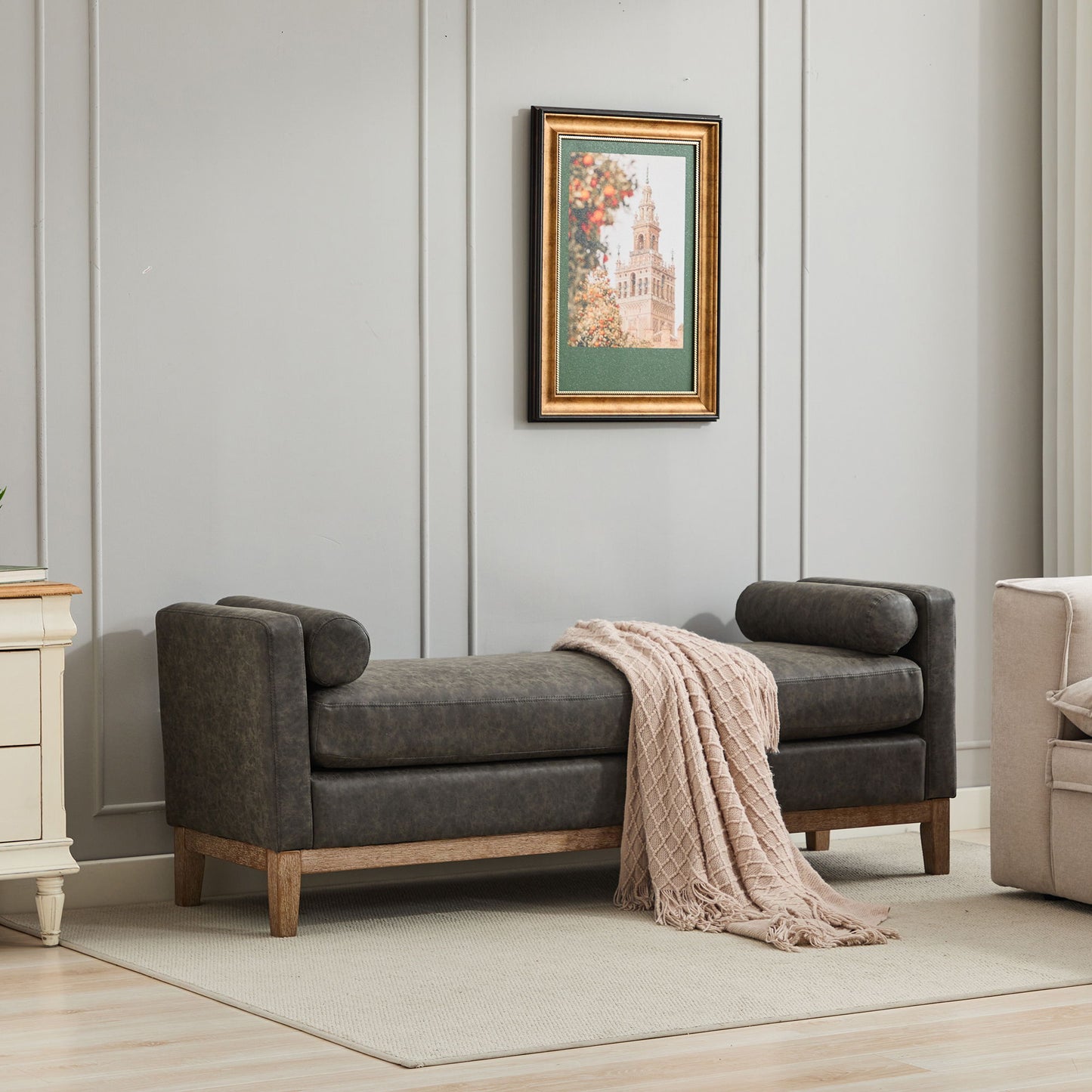 Elegant Upholstered Bench, Daybed, Ottman With Wood Legs & 2 Bolster Pillows For Bedroom, Living Room, Entryway - Gray